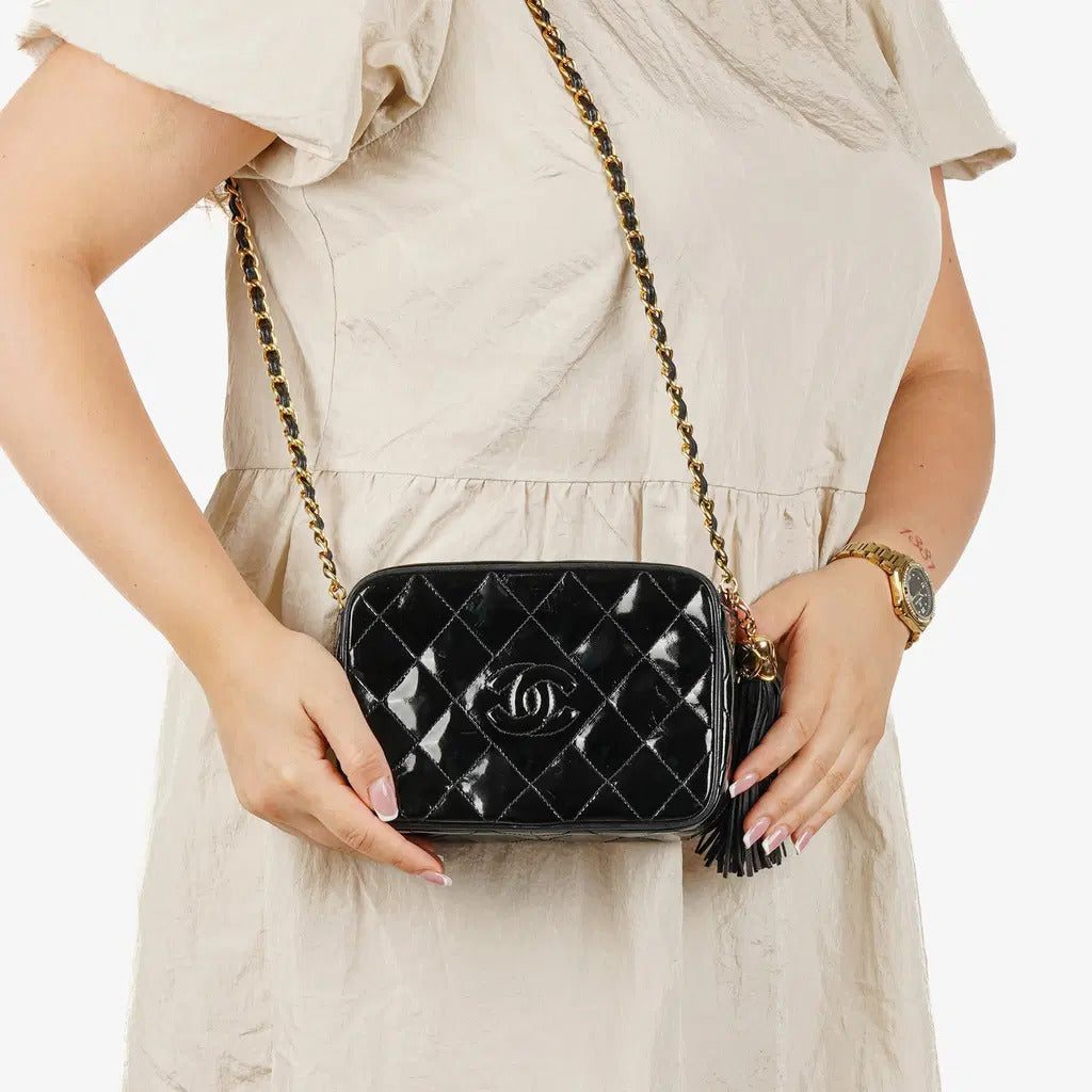 Chanel Vintage Small Camera Tassel Bag In Black Quilted Patent Leather