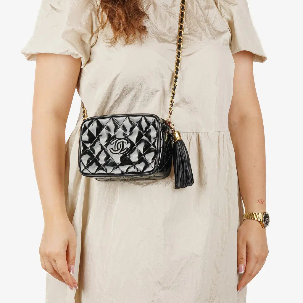 Chanel Vintage Small Camera Tassel Bag In Black Quilted Patent Leather