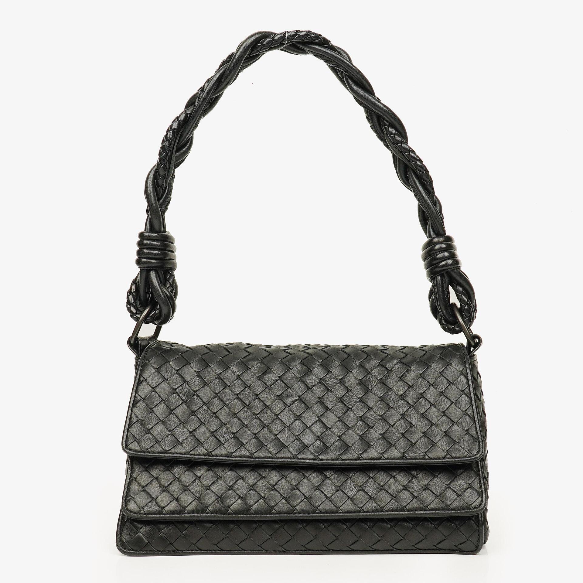Bottega Veneta Black Intrecciato Leather Braided Handle Flap Shoulder Bag