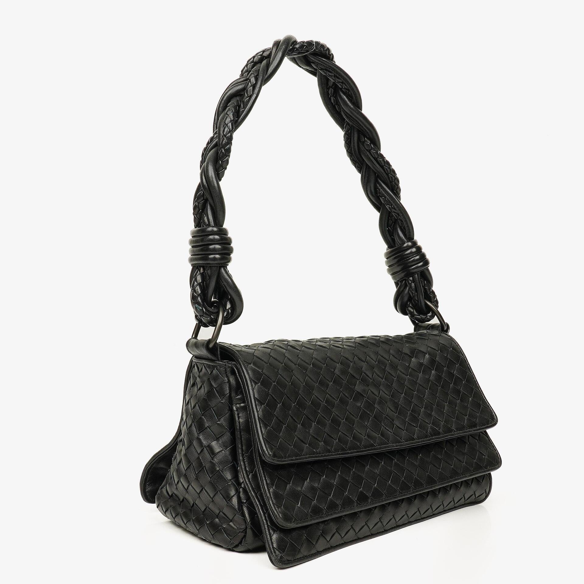 Bottega Veneta Black Intrecciato Leather Braided Handle Flap Shoulder Bag