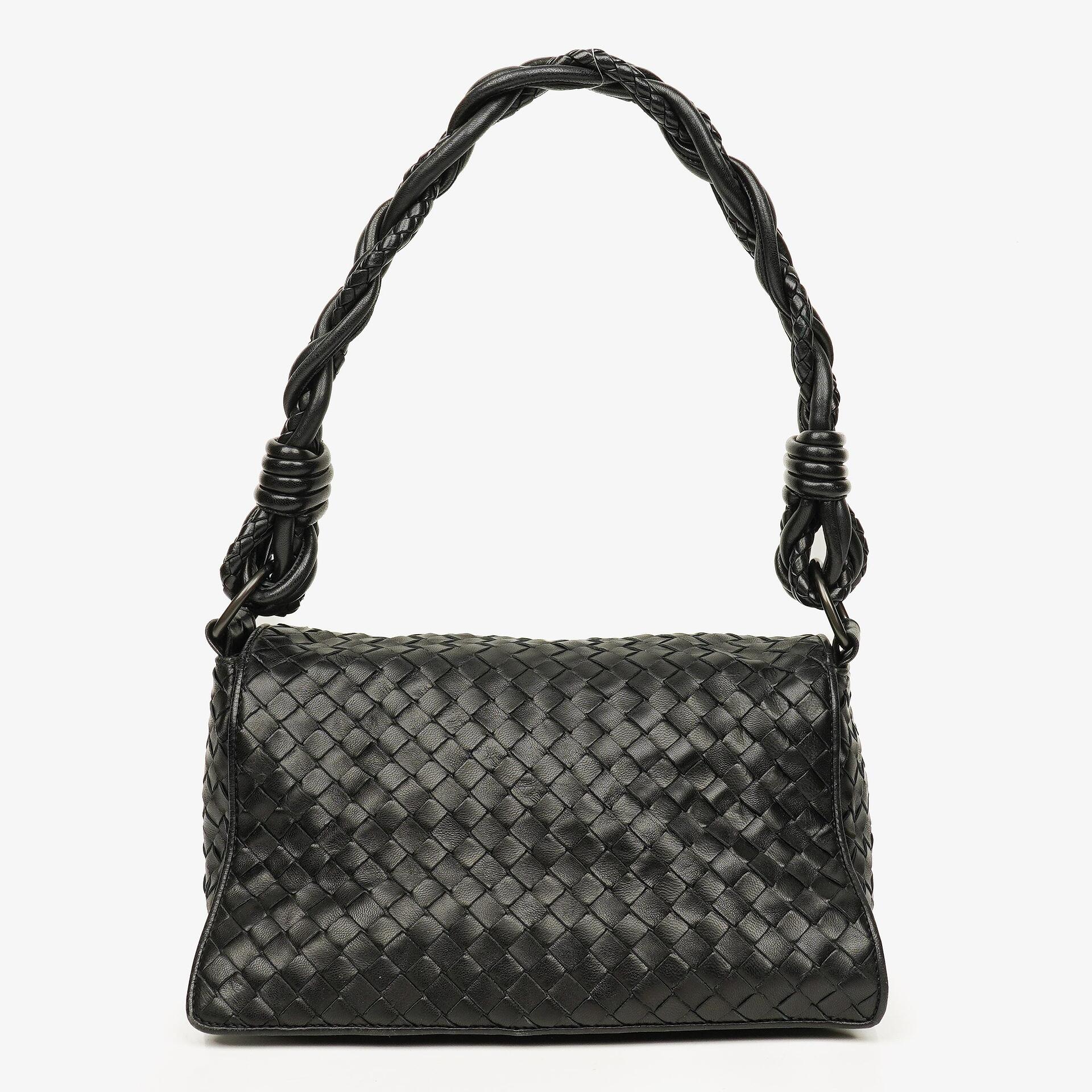 Bottega Veneta Black Intrecciato Leather Braided Handle Flap Shoulder Bag