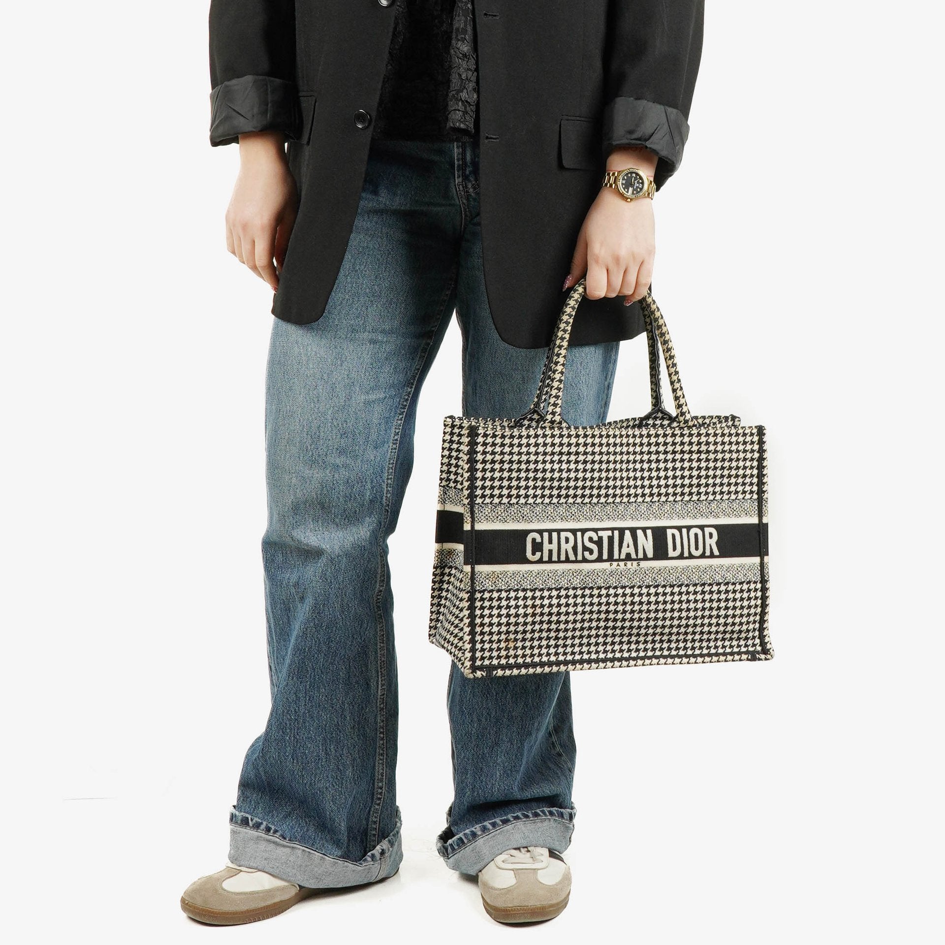 Christian Dior Canvas Black White Medium Houndstooth Embroidered Book Tote