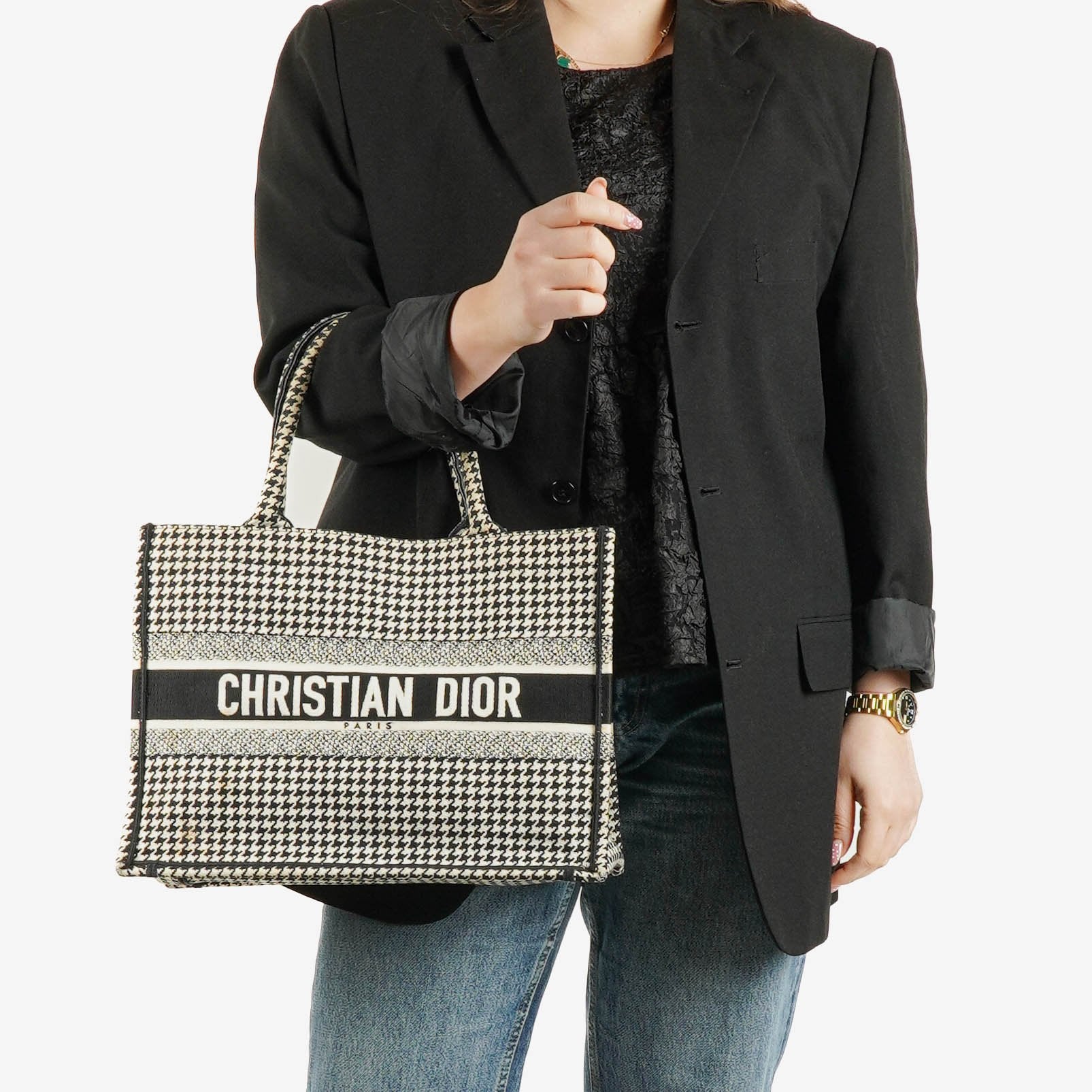 Christian Dior Canvas Black White Medium Houndstooth Embroidered Book Tote