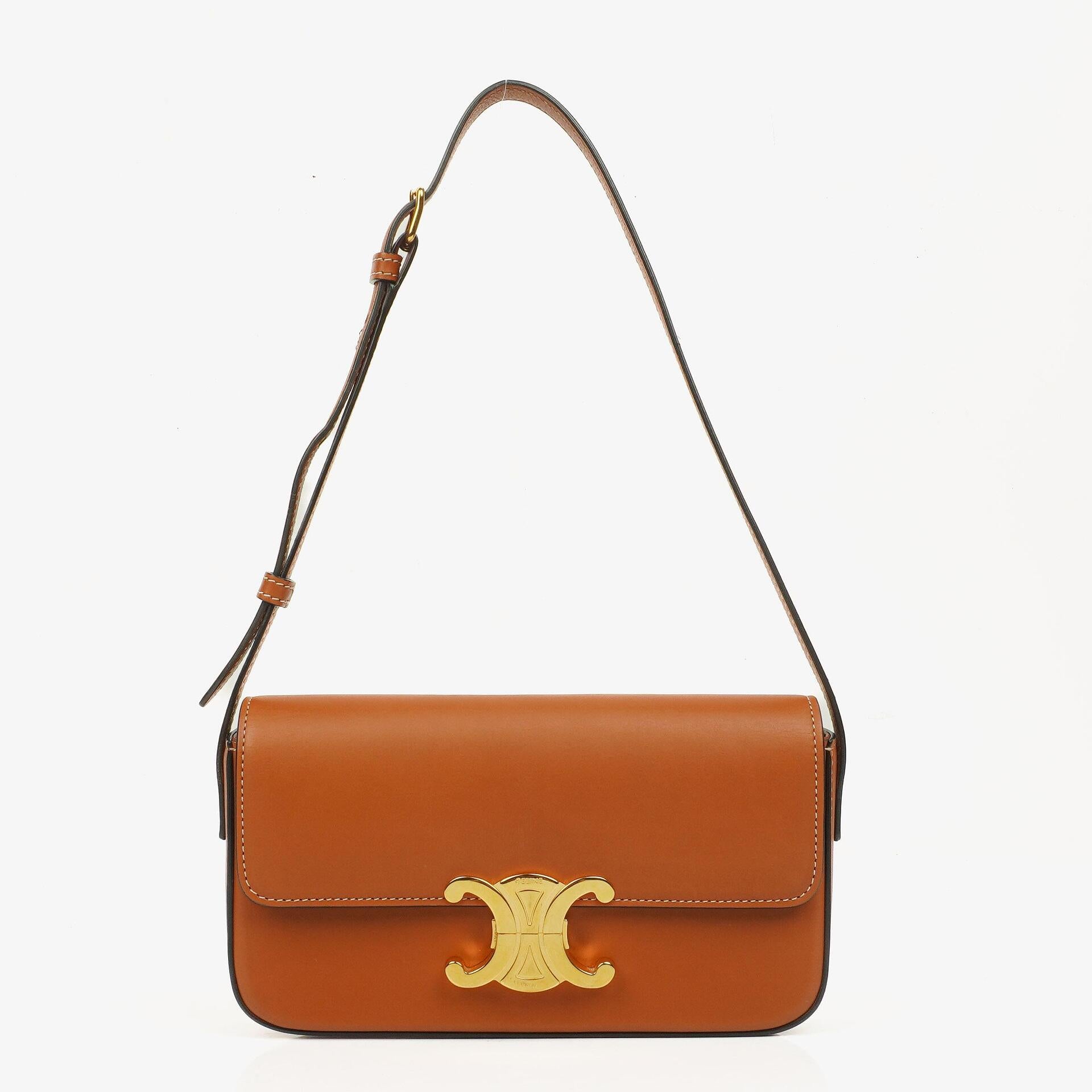 Celine Claude Tan Calfskin Long Triomphe Shoulder Bag