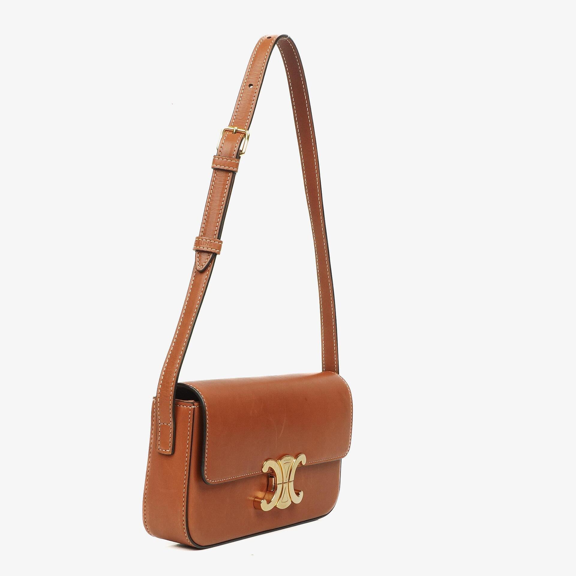 Celine Claude Tan Calfskin Long Triomphe Shoulder Bag