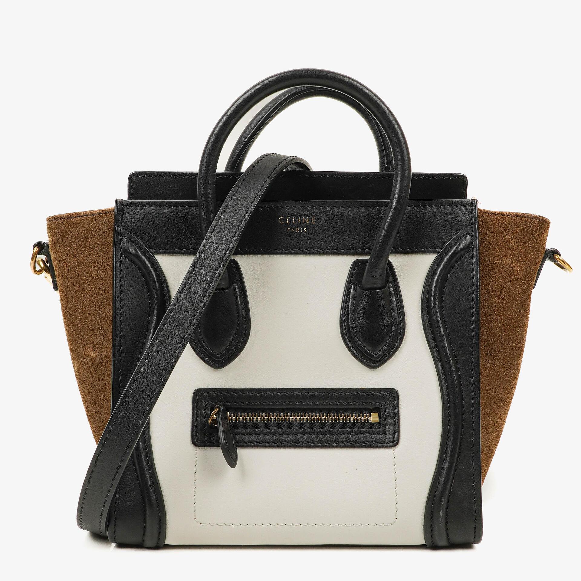 Celine Nano Luggage Black/Brown/White Leather and Suede Handbag
