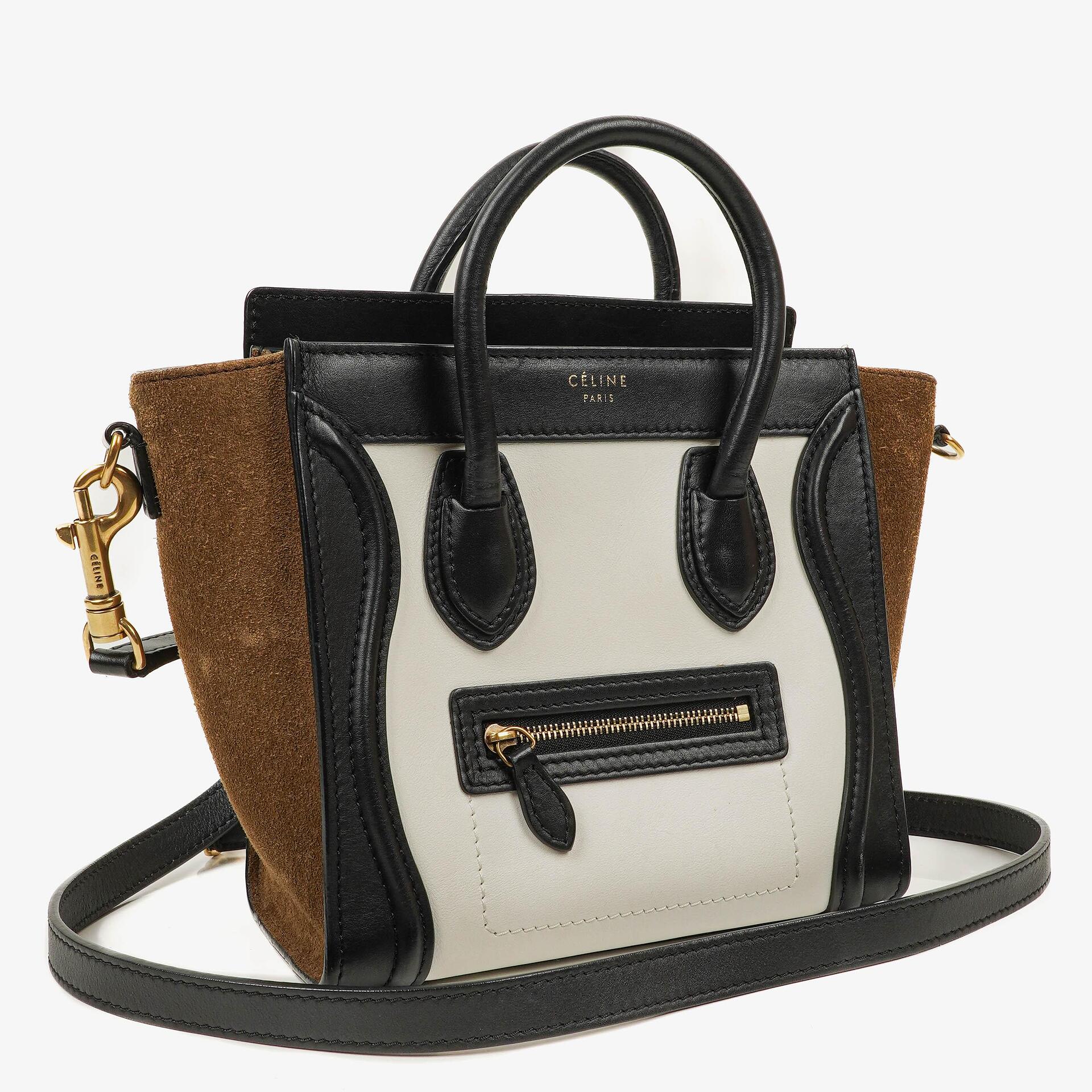 Celine Nano Luggage Black/Brown/White Leather and Suede Handbag