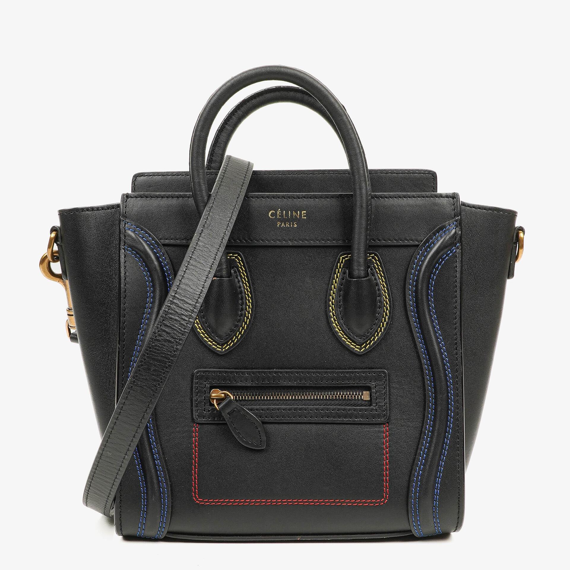 Celine Nano Luggage Shiny Smooth Black Calfskin Multicolor Stitched Handbag