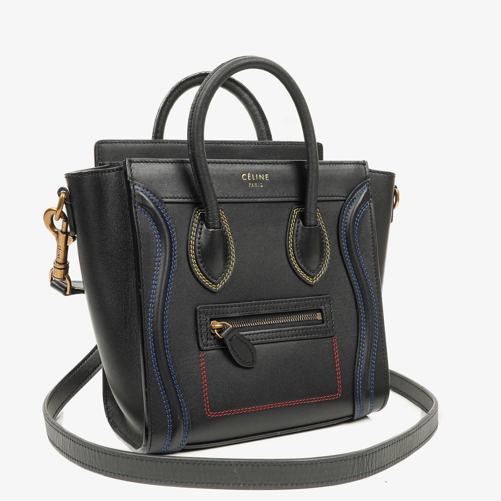Celine Nano Luggage Shiny Smooth Black Calfskin Multicolor Stitched Handbag