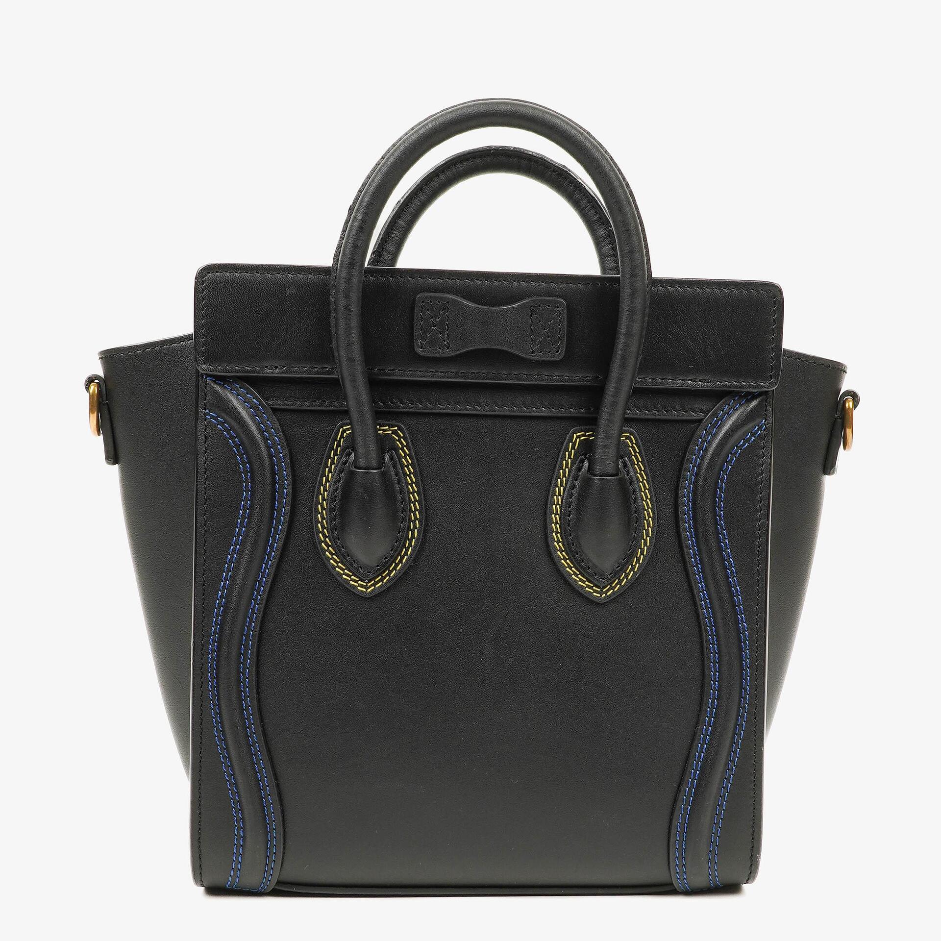 Celine Nano Luggage Shiny Smooth Black Calfskin Multicolor Stitched Handbag