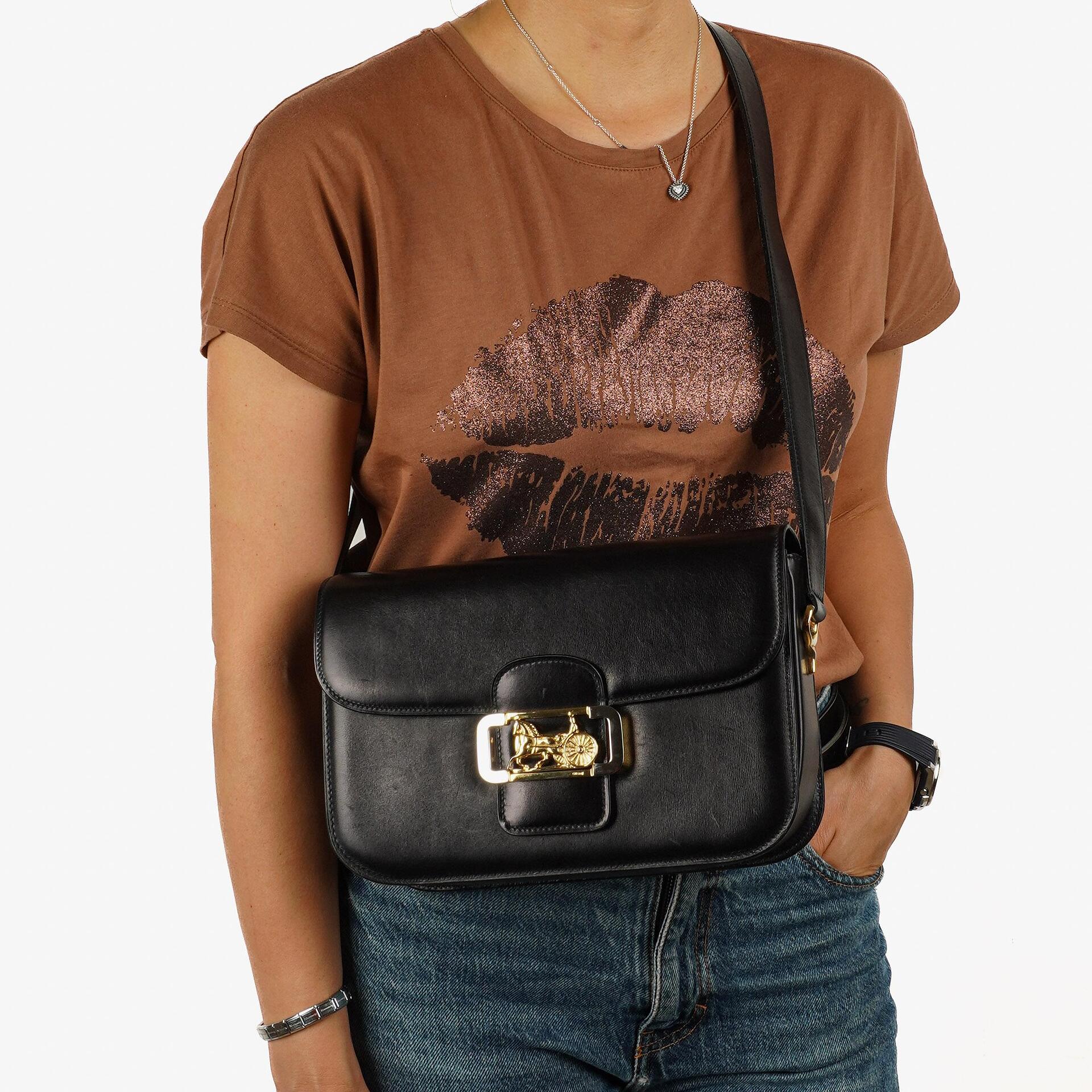 Celine Vintage Caleche Horse Carriage Black Box Calf Shoulder Bag