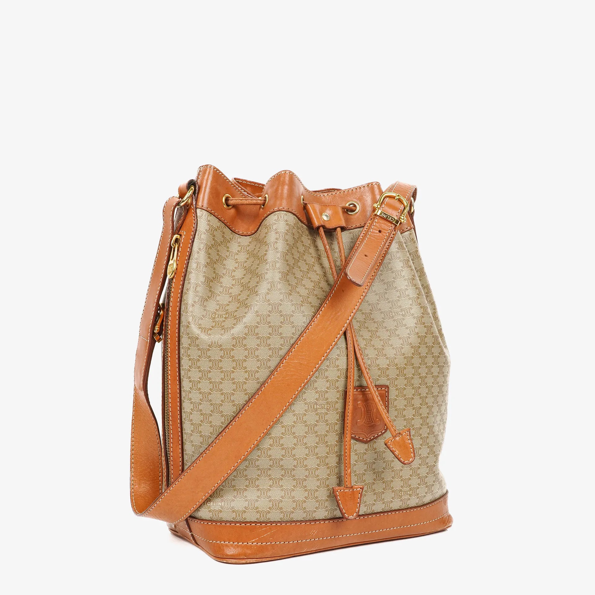 Celine Vintage Macadam Triomphe Beige And Brown Drawstring Bucket Bag