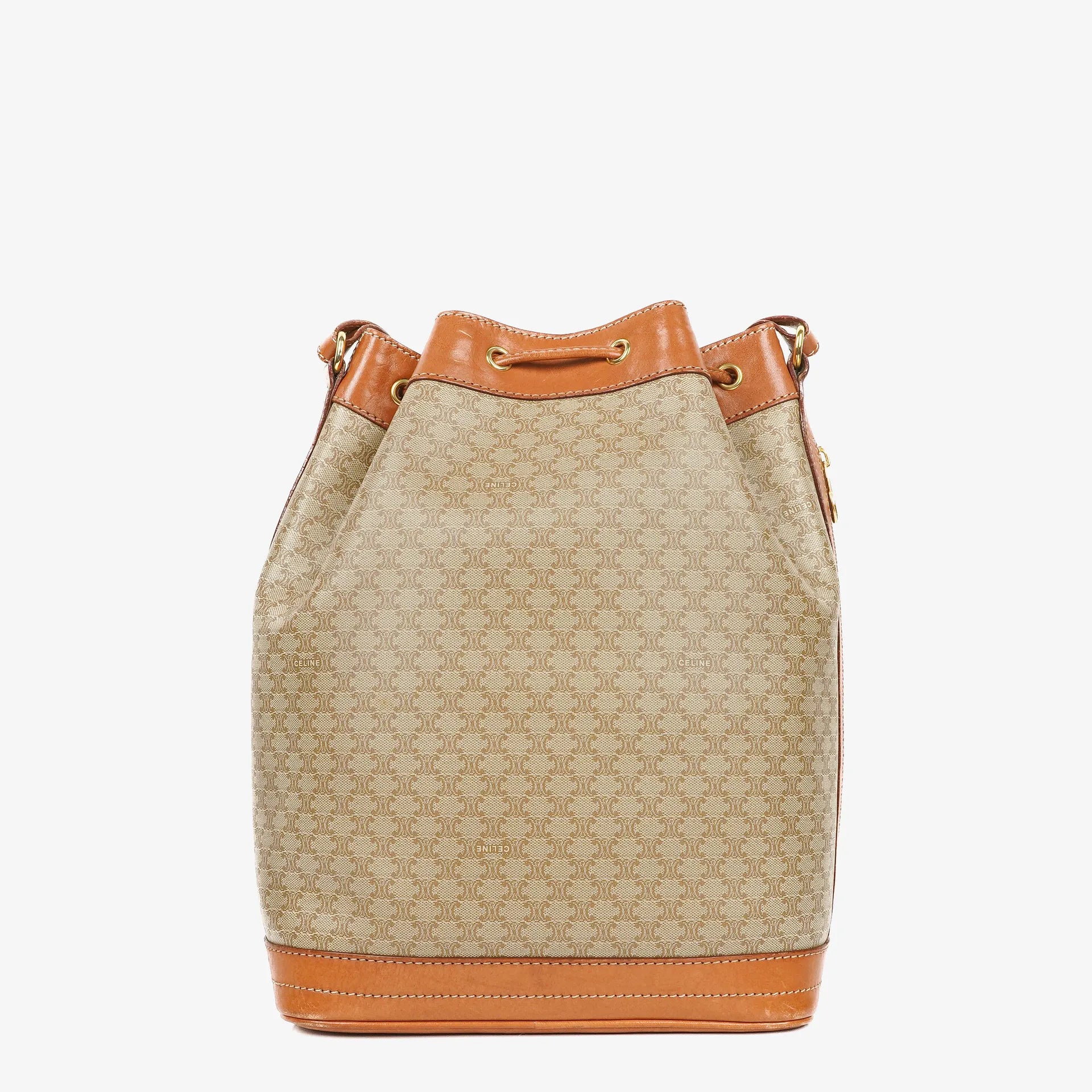 Celine Vintage Macadam Triomphe Beige And Brown Drawstring Bucket Bag