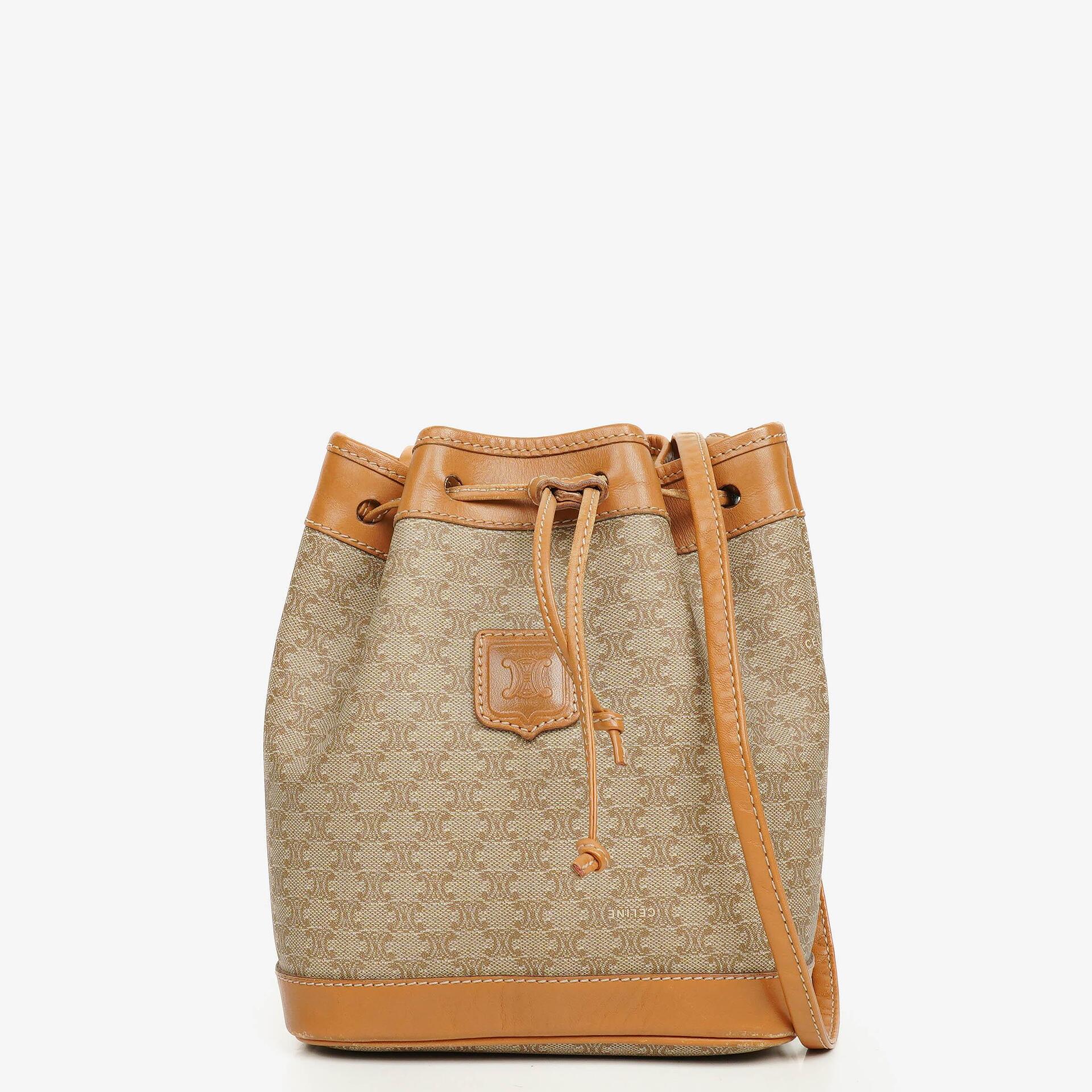 Celine Vintage Macadam Triomphe Beige Drawstring Bucket Bag