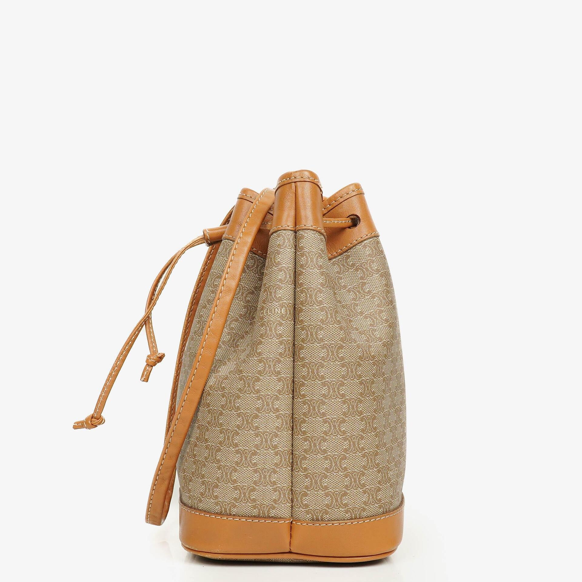 Celine Vintage Macadam Triomphe Beige Drawstring Bucket Bag