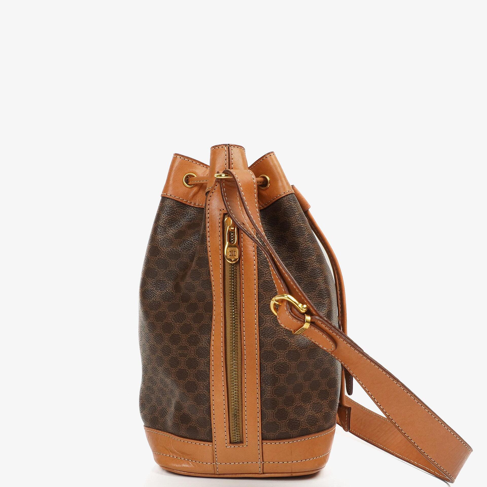 Celine Vintage Macadam Triomphe Brown Drawstring Bucket Bag