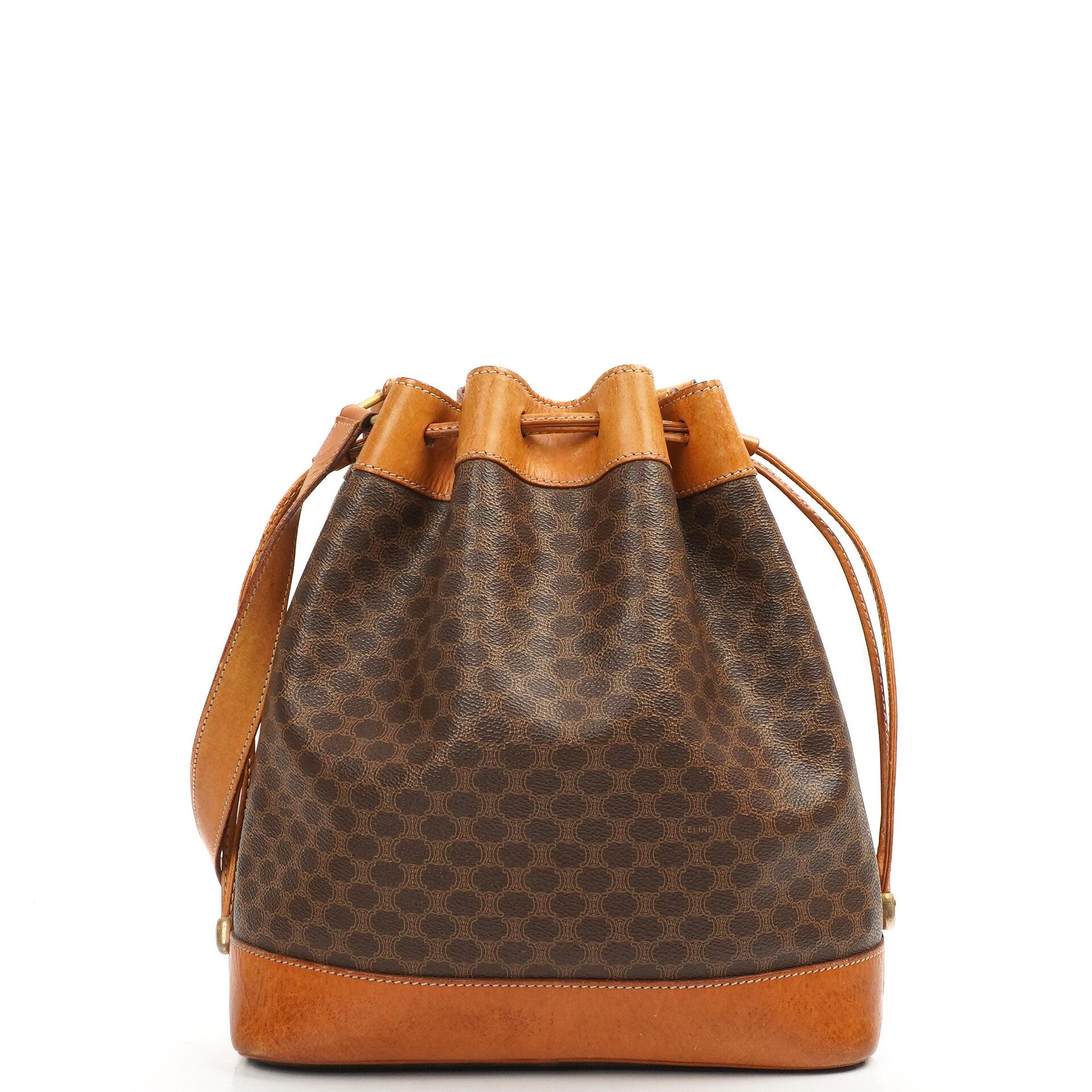 Celine Vintage Macadam Triomphe Brown Drawstring Bucket Bag