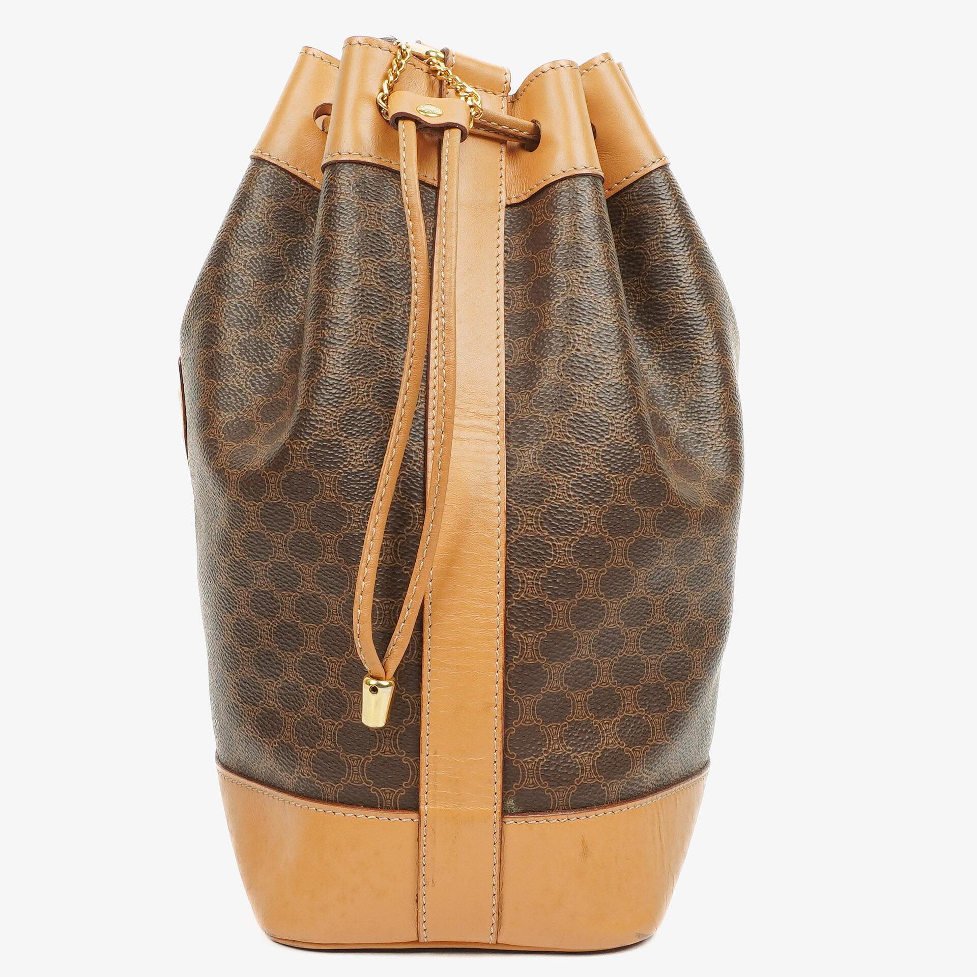 Celine Vintage Macadam Triomphe Brown Drawstring Bucket Bag