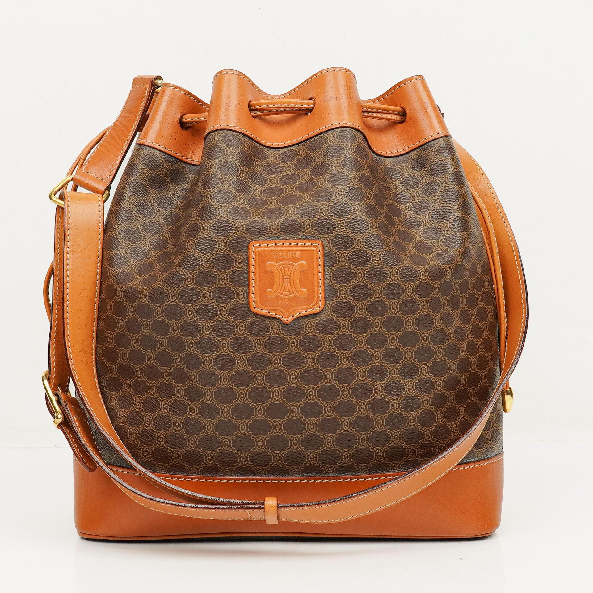 Celine Vintage Macadam Triomphe Brown Drawstring Bucket Bag