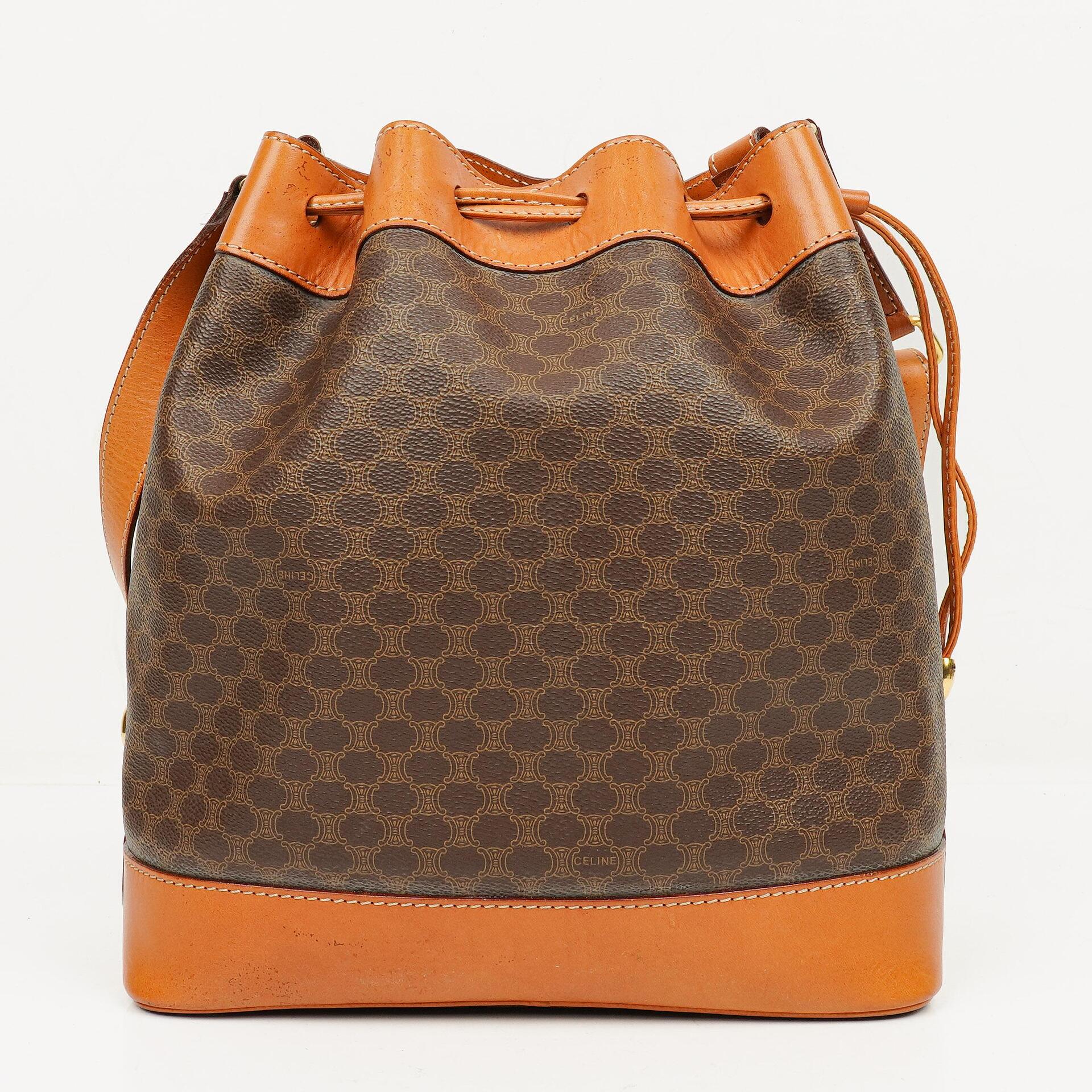Celine Vintage Macadam Triomphe Brown Drawstring Bucket Bag