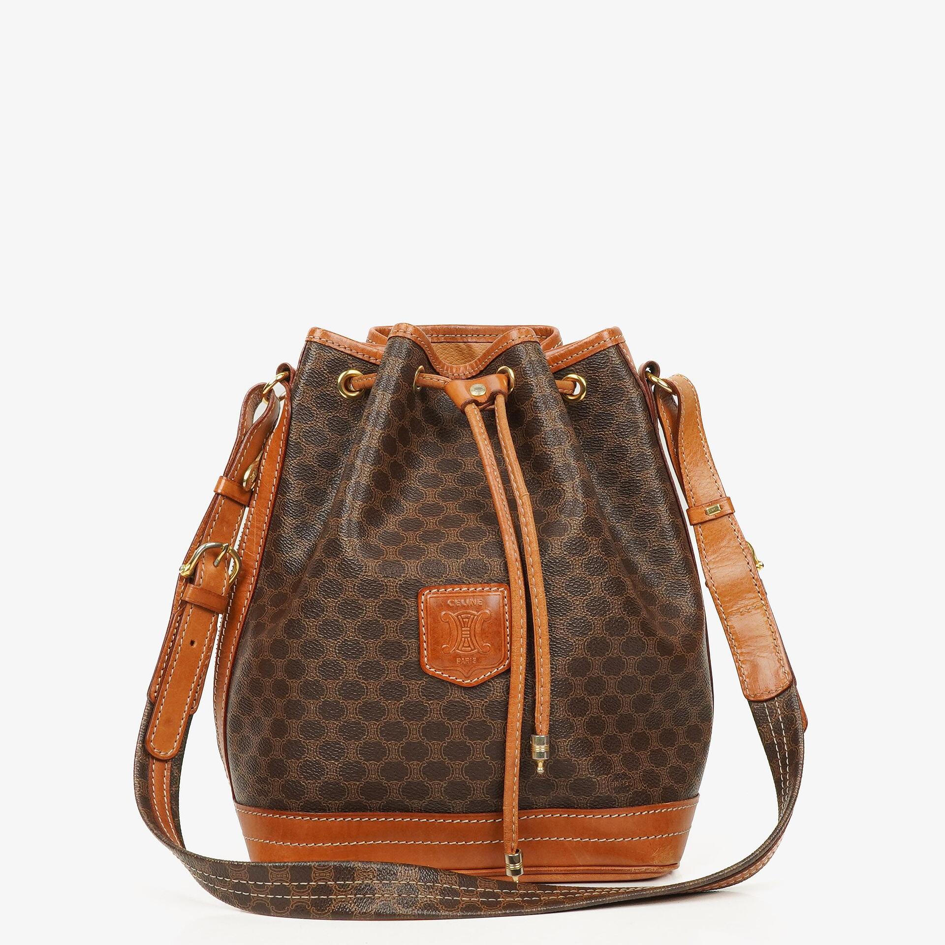 Celine Vintage Macadam Triomphe Brown Drawstring Bucket Bag