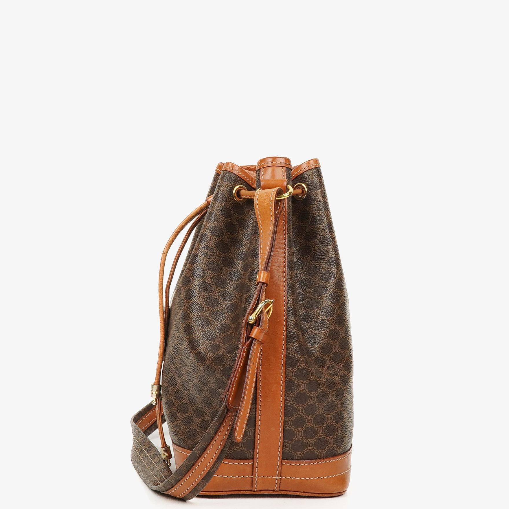 Celine Vintage Macadam Triomphe Brown Drawstring Bucket Bag