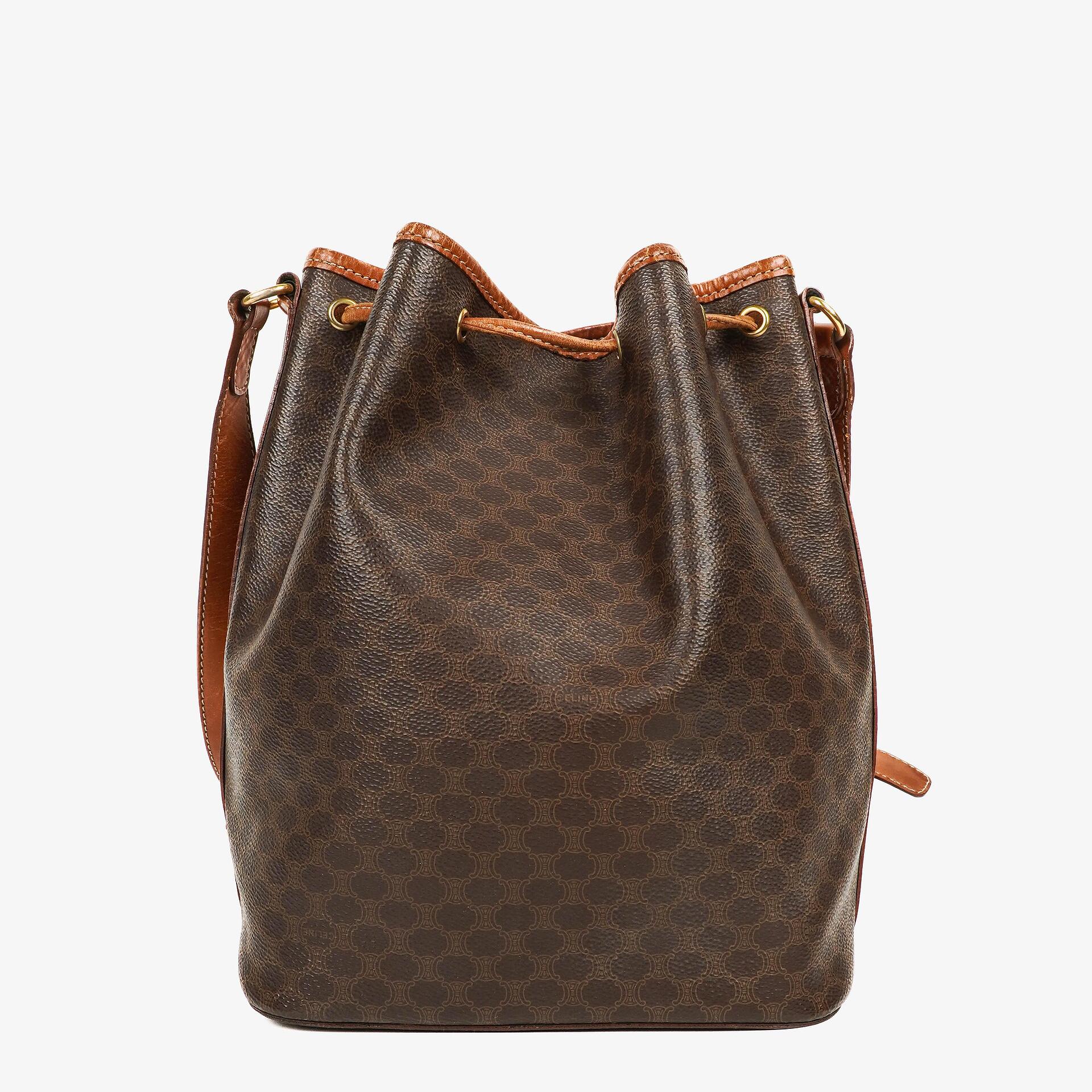 Celine Vintage Macadam Triomphe Brown Drawstring Bucket Bag