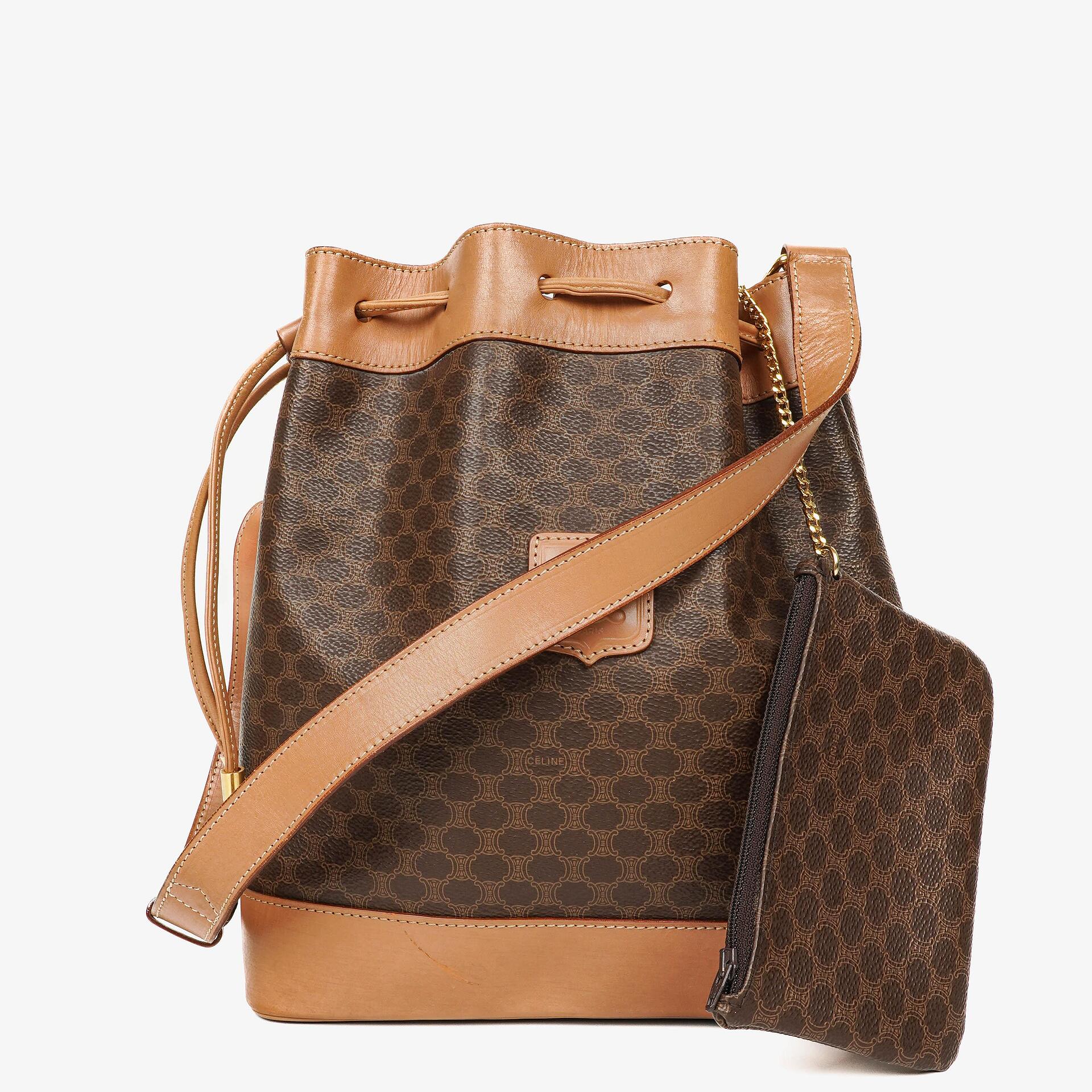 Celine Vintage Macadam Triomphe Brown Drawstring Bucket Bag
