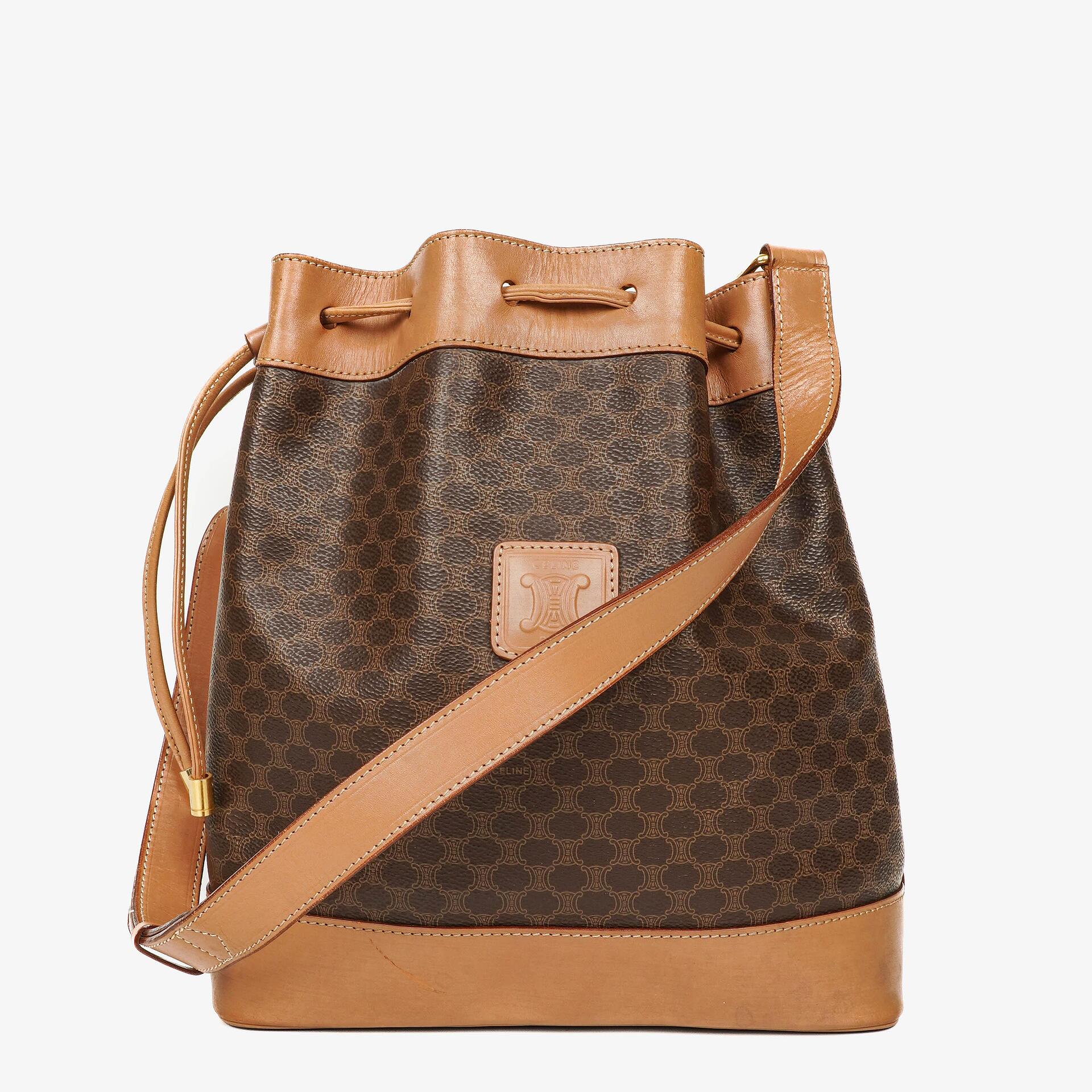 Celine Vintage Macadam Triomphe Brown Drawstring Bucket Bag