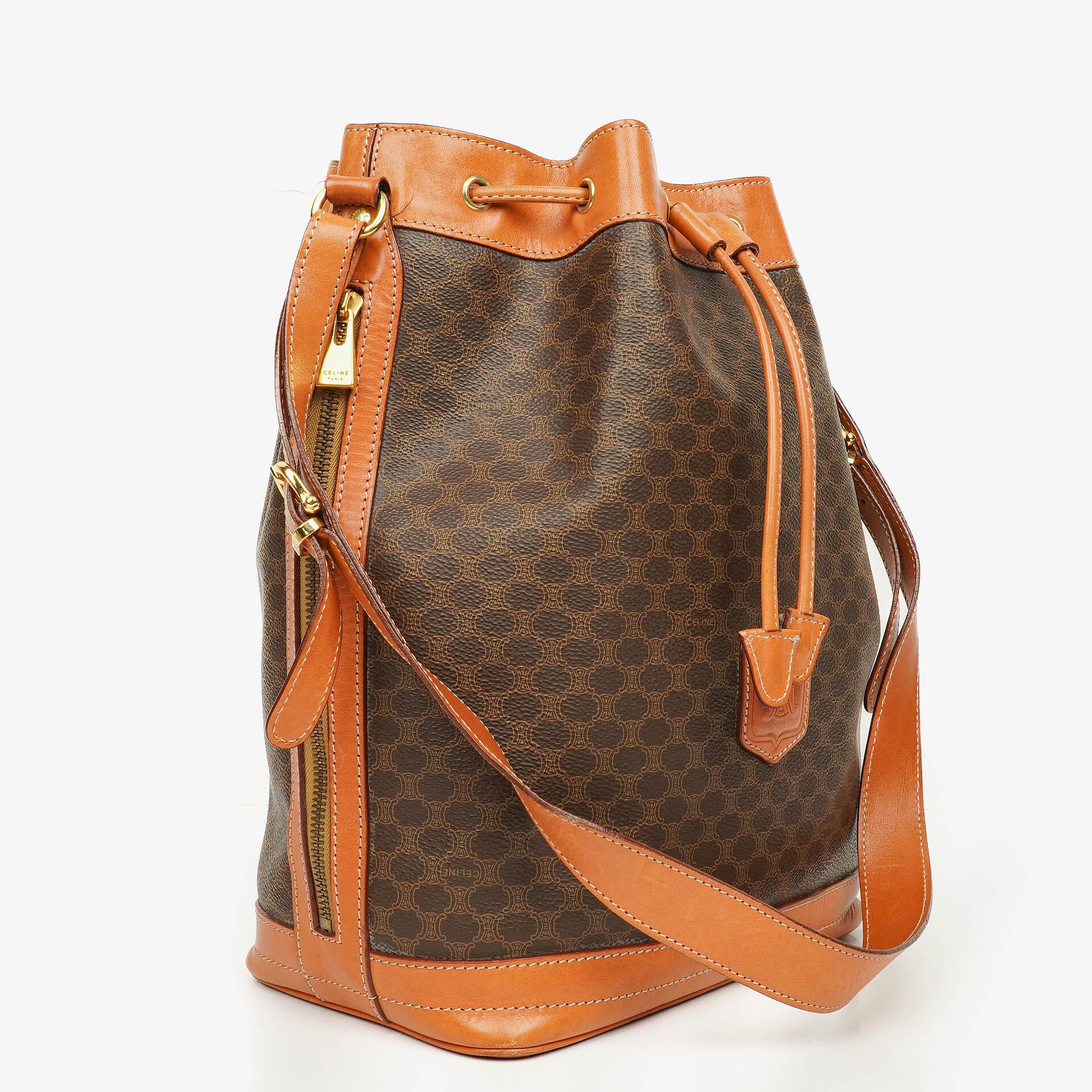 Celine Vintage Macadam Triomphe Brown Drawstring Bucket Bag