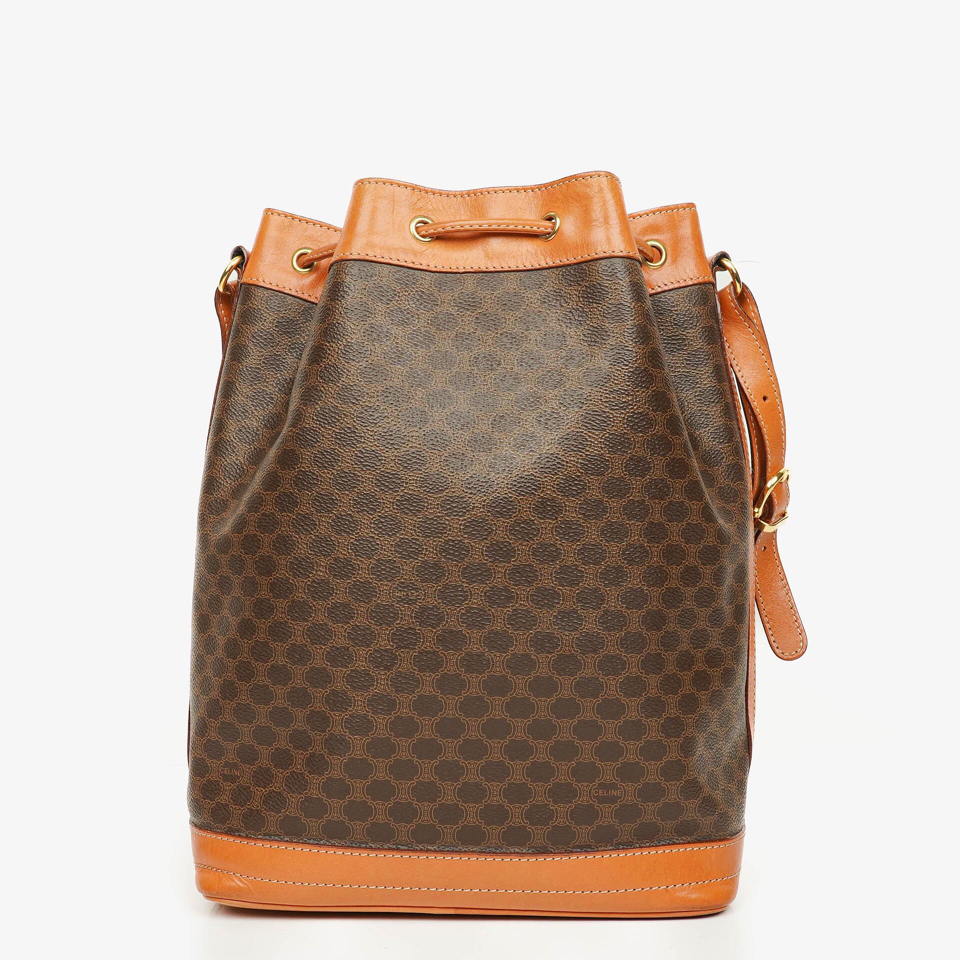 Celine Vintage Macadam Triomphe Brown Drawstring Bucket Bag