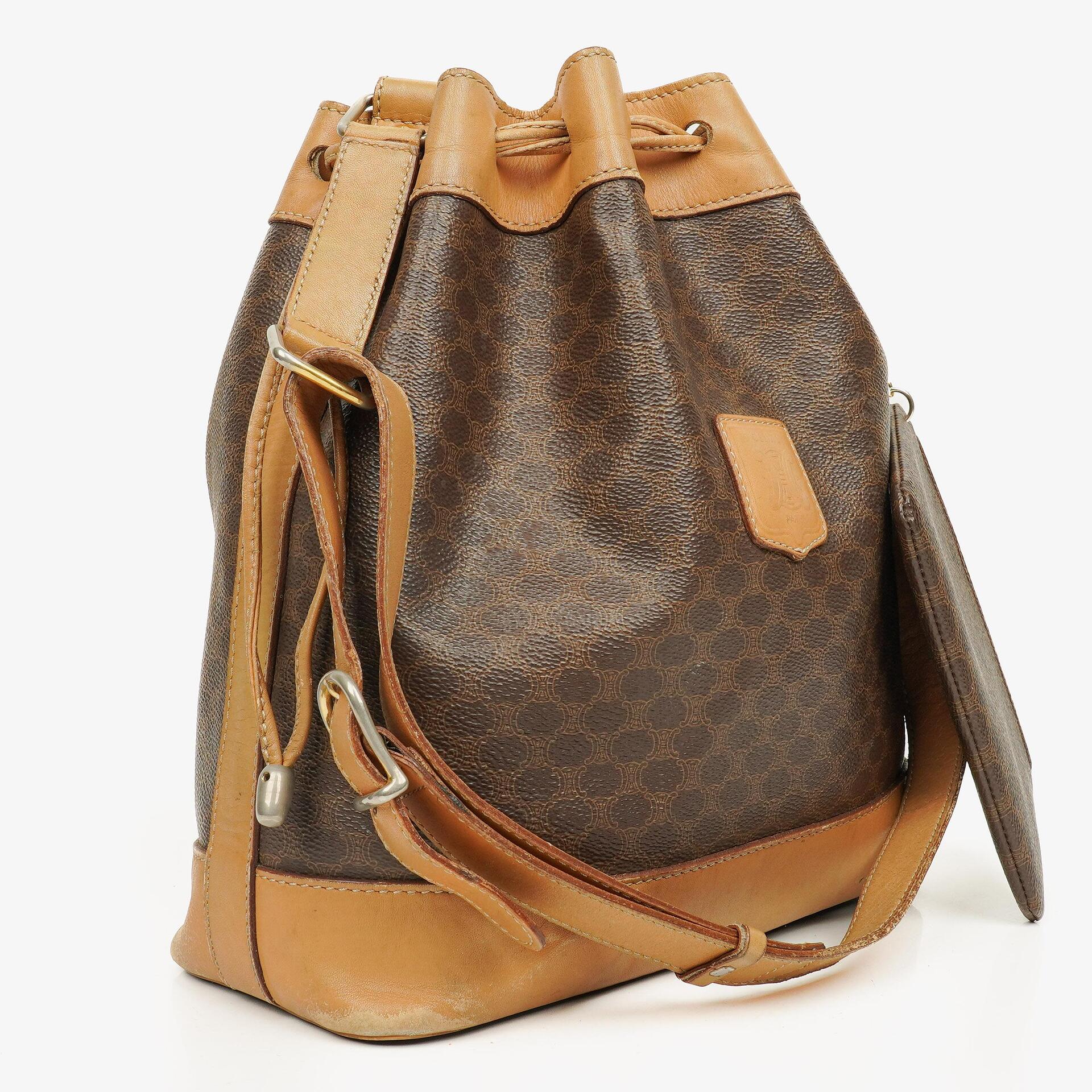 Celine Vintage Macadam Triomphe Brown Drawstring Bucket Bag