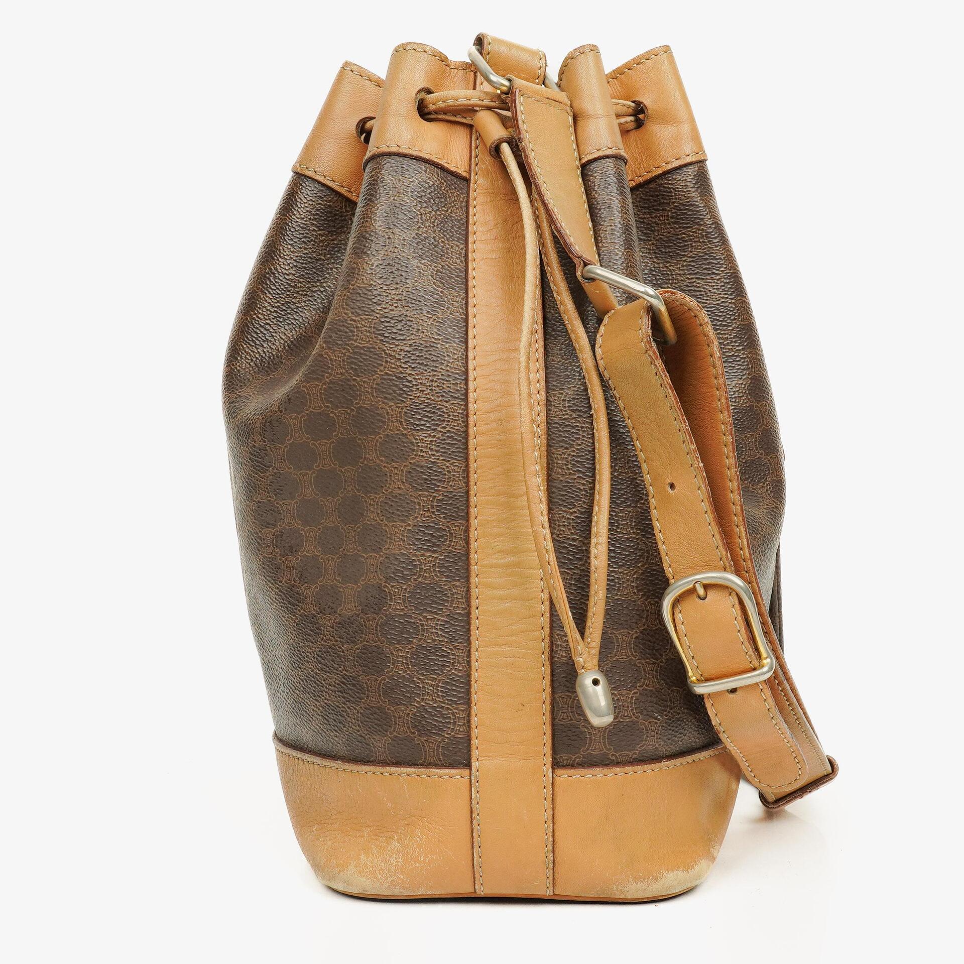 Celine Vintage Macadam Triomphe Brown Drawstring Bucket Bag