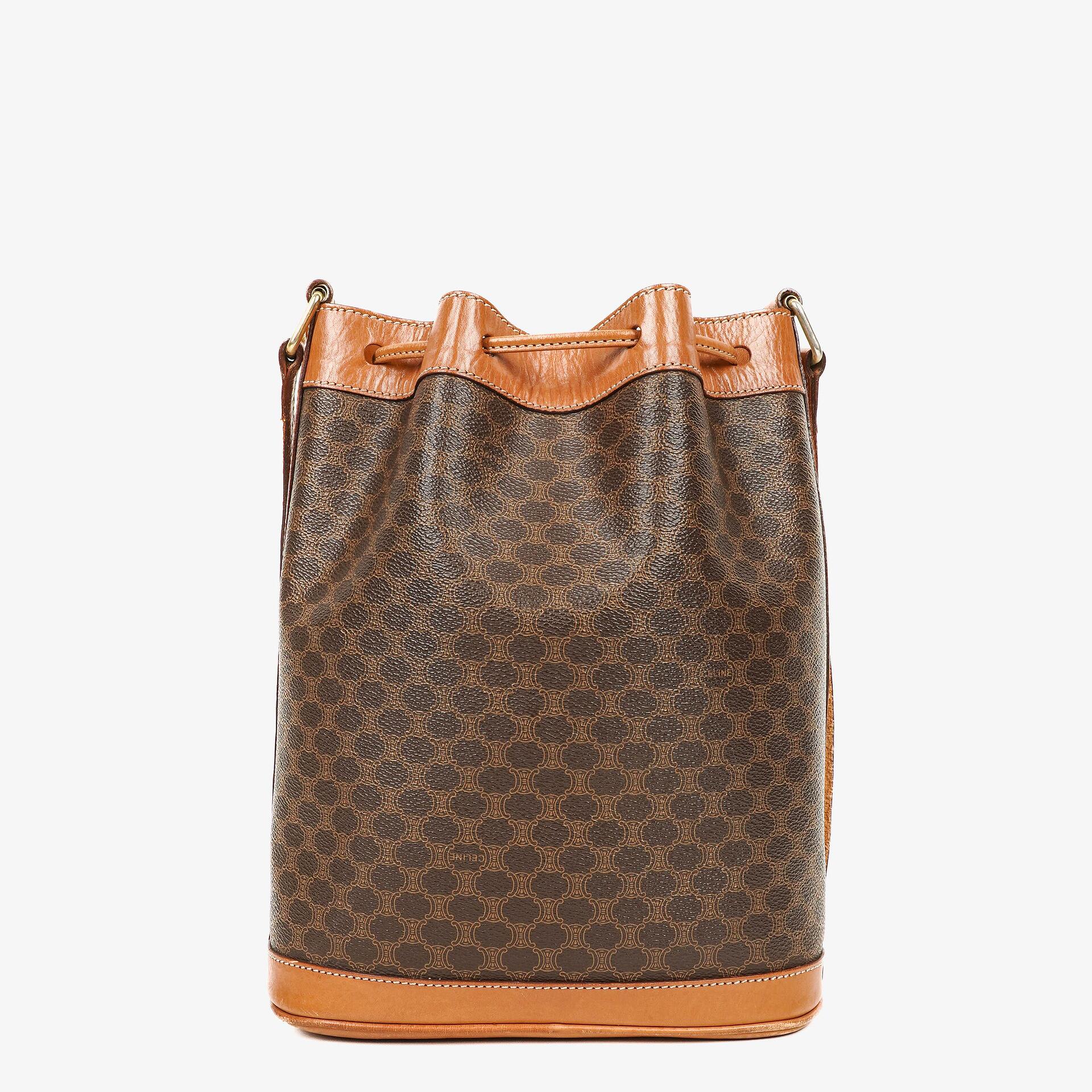 Celine Vintage Macadam Triomphe Brown Drawstring Bucket Bag