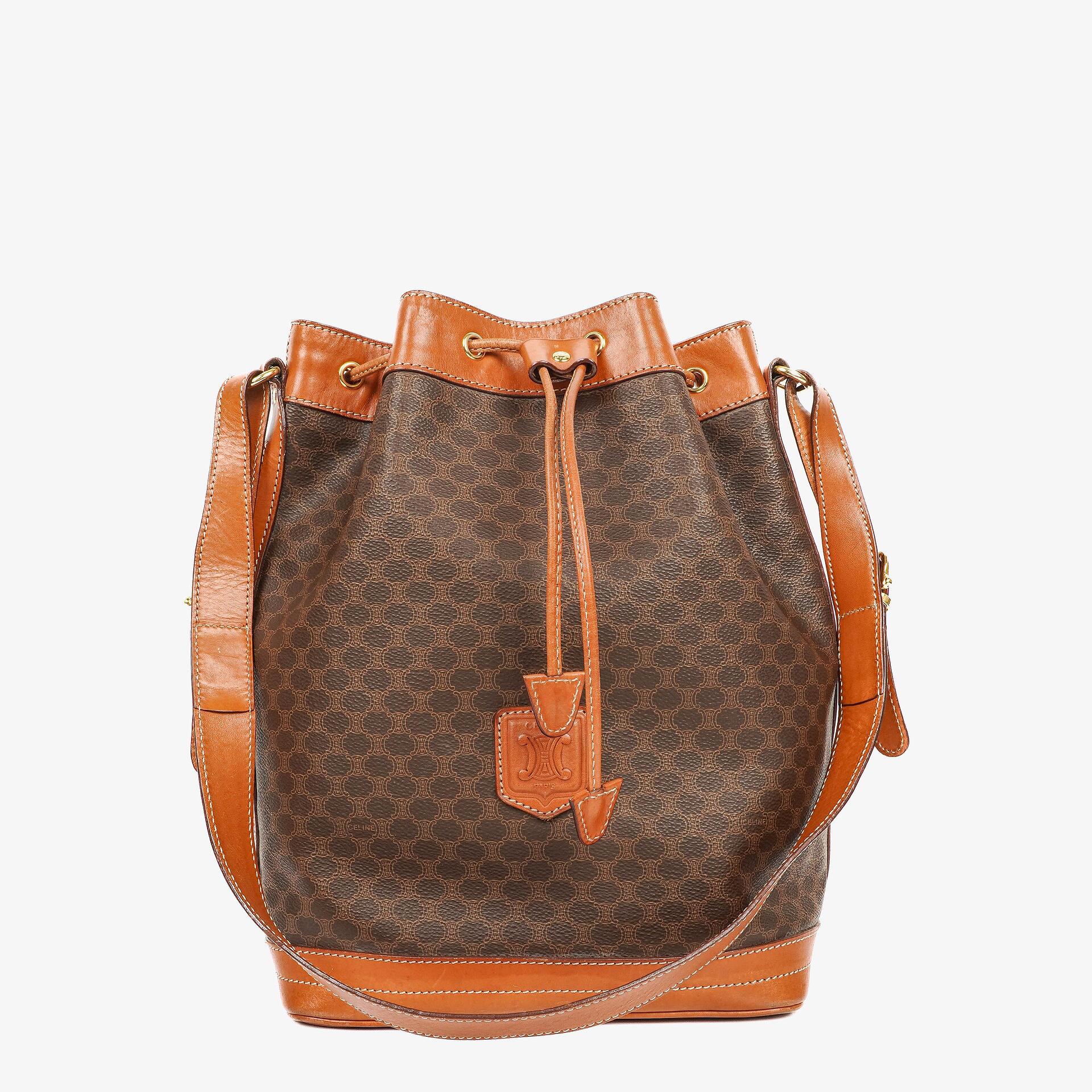 Celine Vintage Macadam Triomphe Brown Drawstring Bucket Bag
