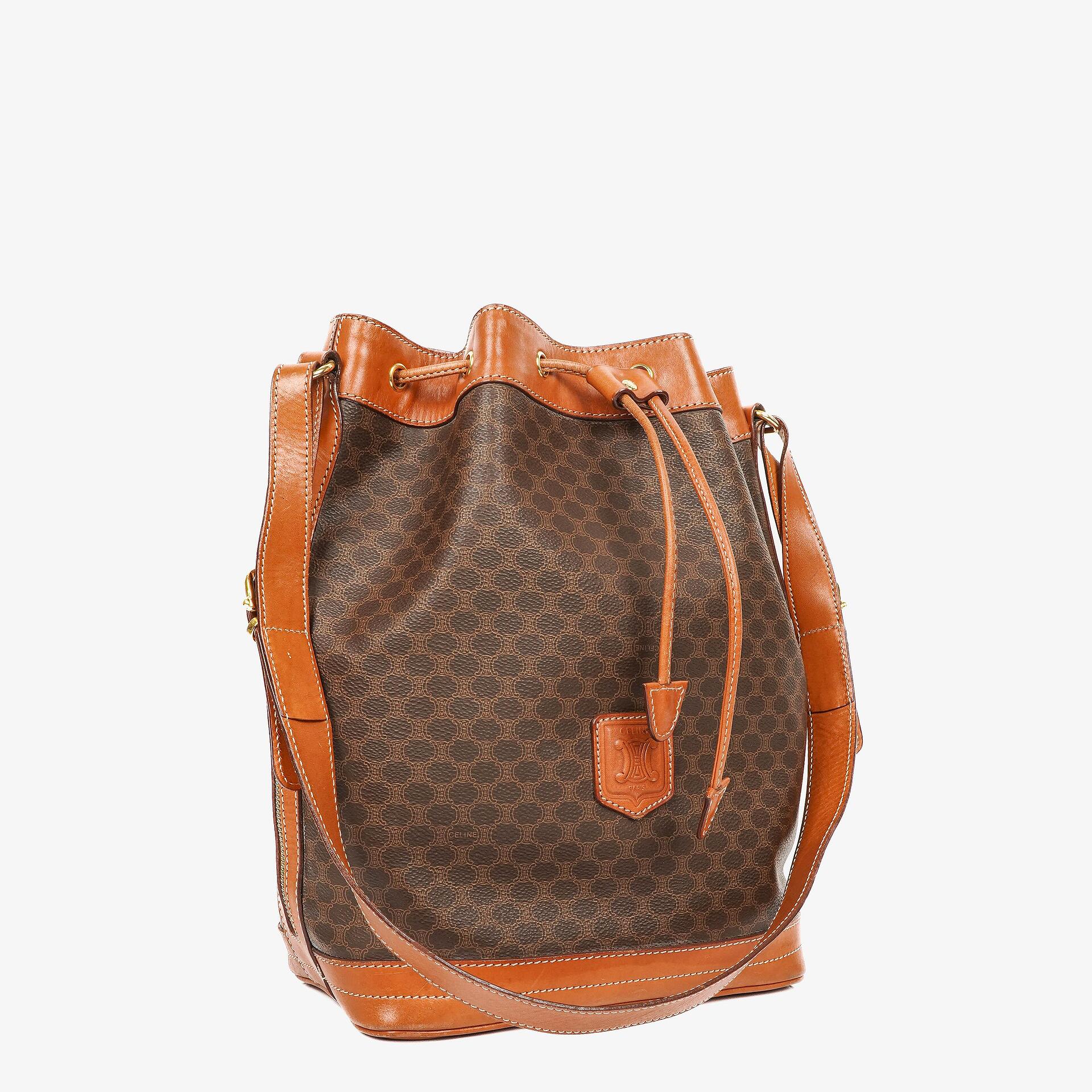 Celine Vintage Macadam Triomphe Brown Drawstring Bucket Bag