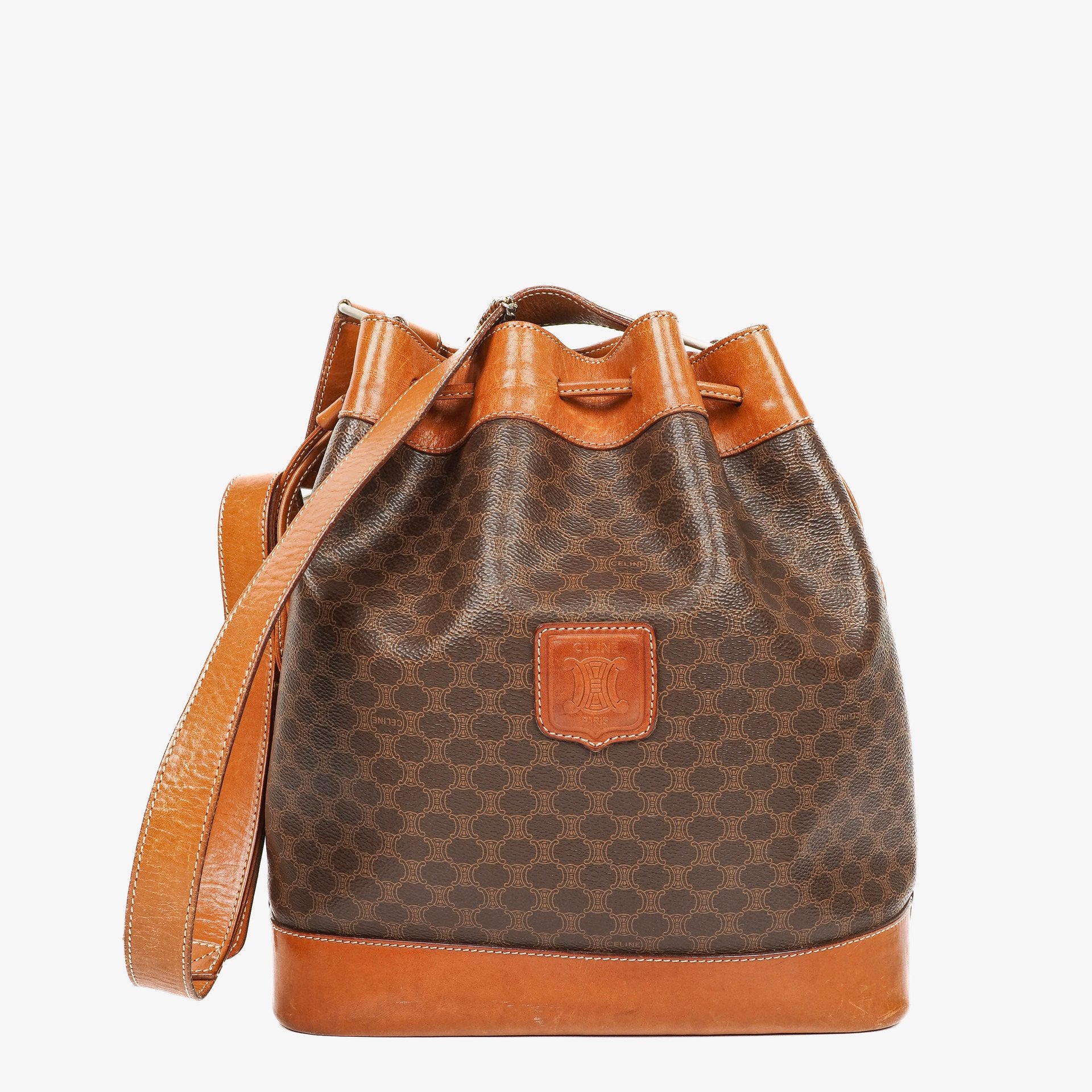 Celine Vintage Macadam Triomphe Brown Drawstring Bucket Bag