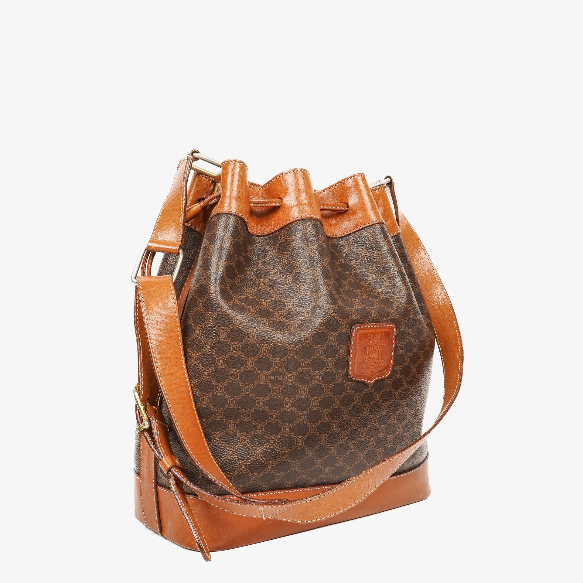 Celine Vintage Macadam Triomphe Brown Drawstring Bucket Bag