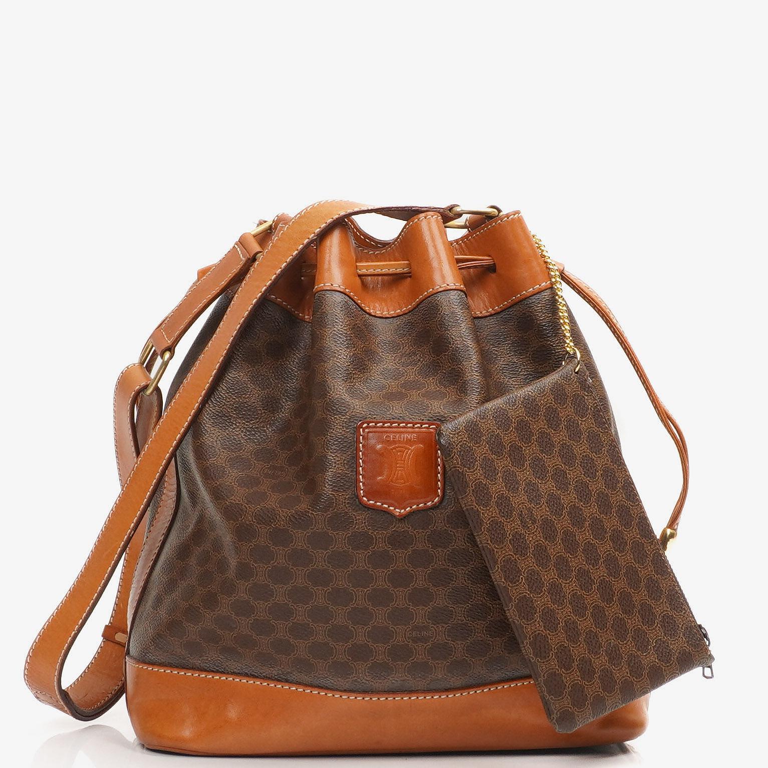 Celine Vintage Macadam Triomphe Brown Drawstring Bucket Bag With Pouch