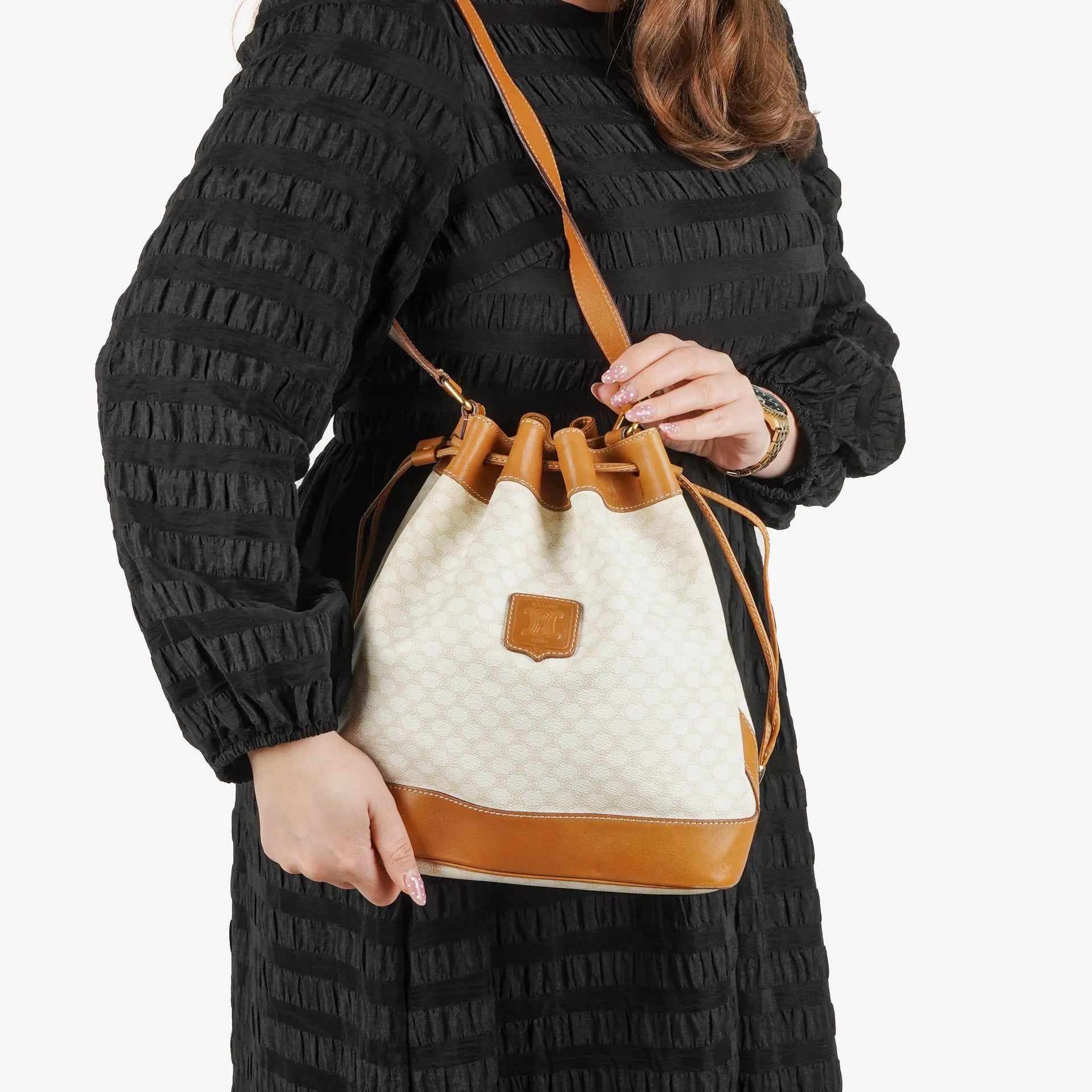Celine Vintage Macadam Triomphe Drawstring Bucket Bag