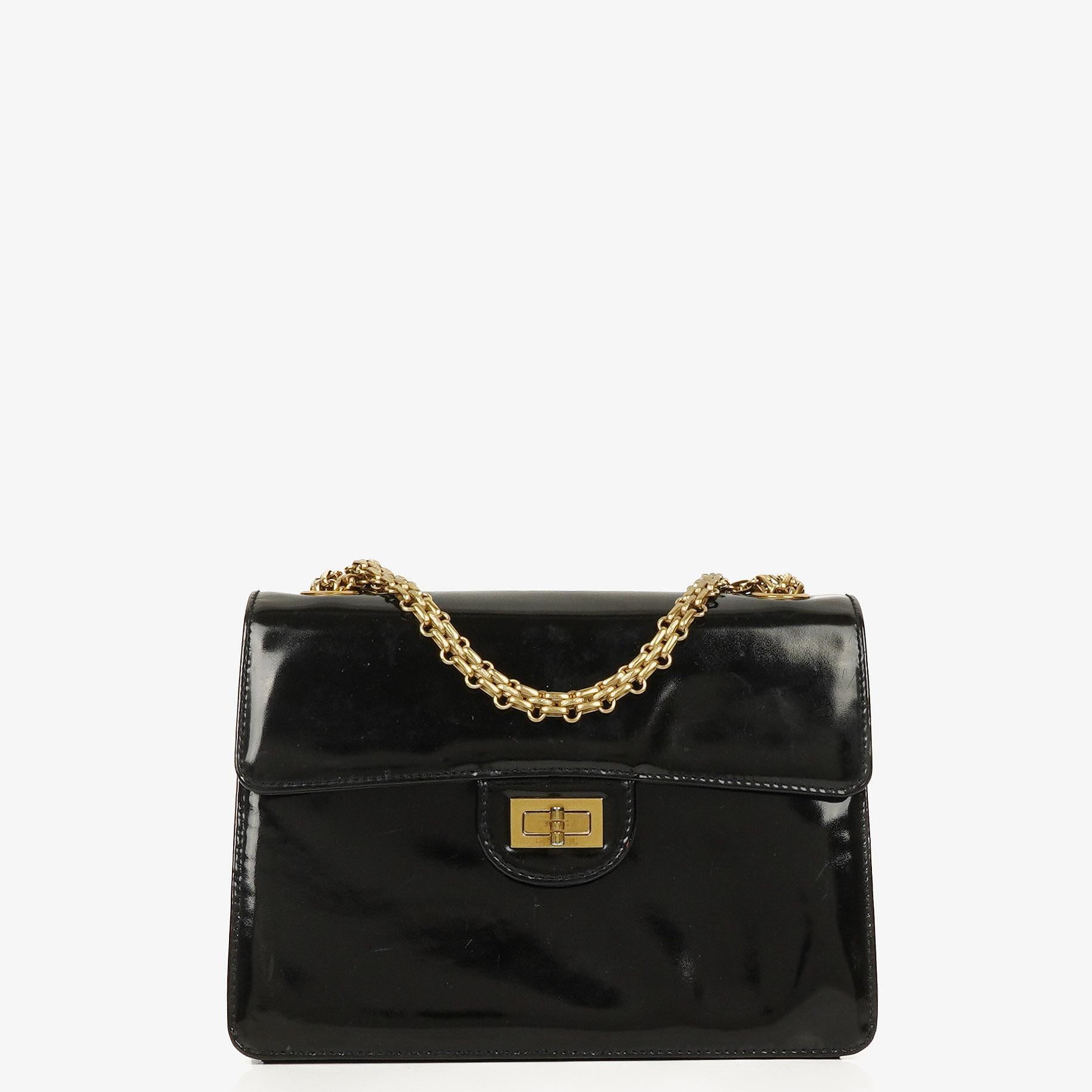 Chanel 2.55 Black Patent Leather Shoulder Bag With Mademoiselle Chain