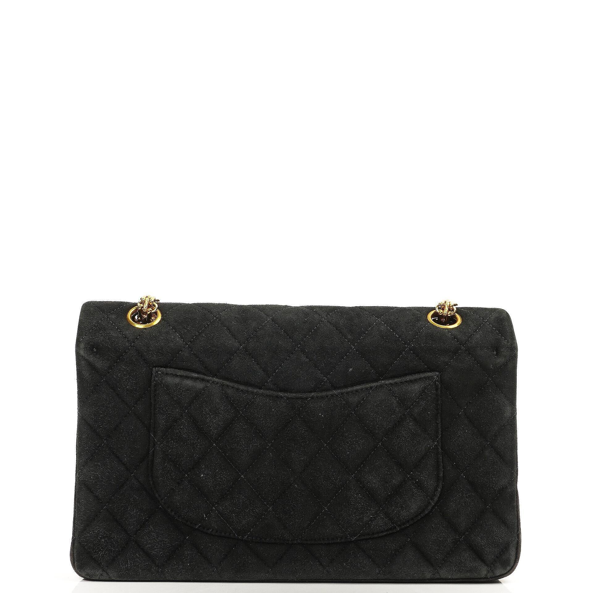 Chanel 2.55 Medium Classic Double Flap Bag Black Quilted Suede Gold Hardware