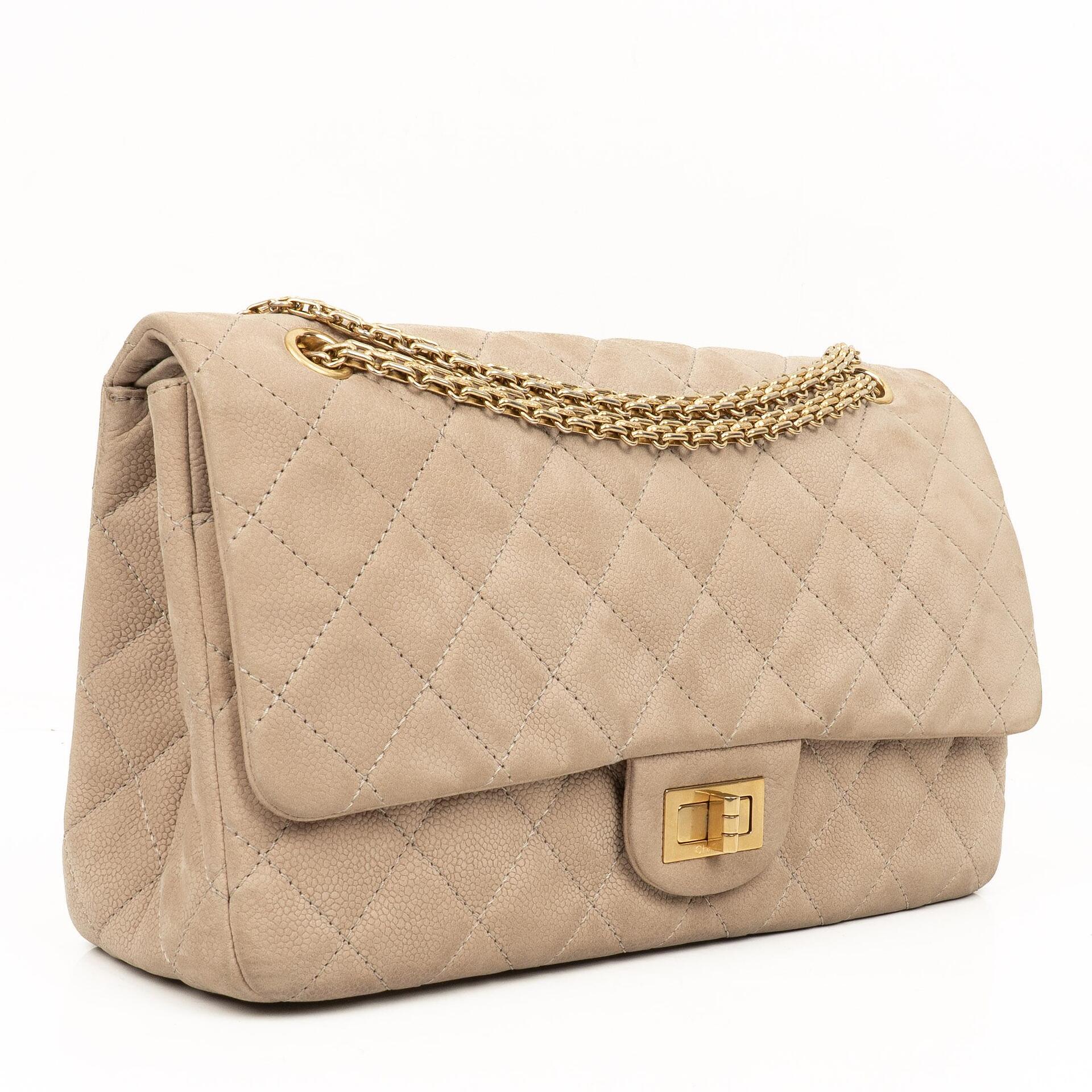 Chanel 2.55 Reissue 227 Jumbo Flap Bag Beige Quilted Caviar With Gold-Tone Hardware