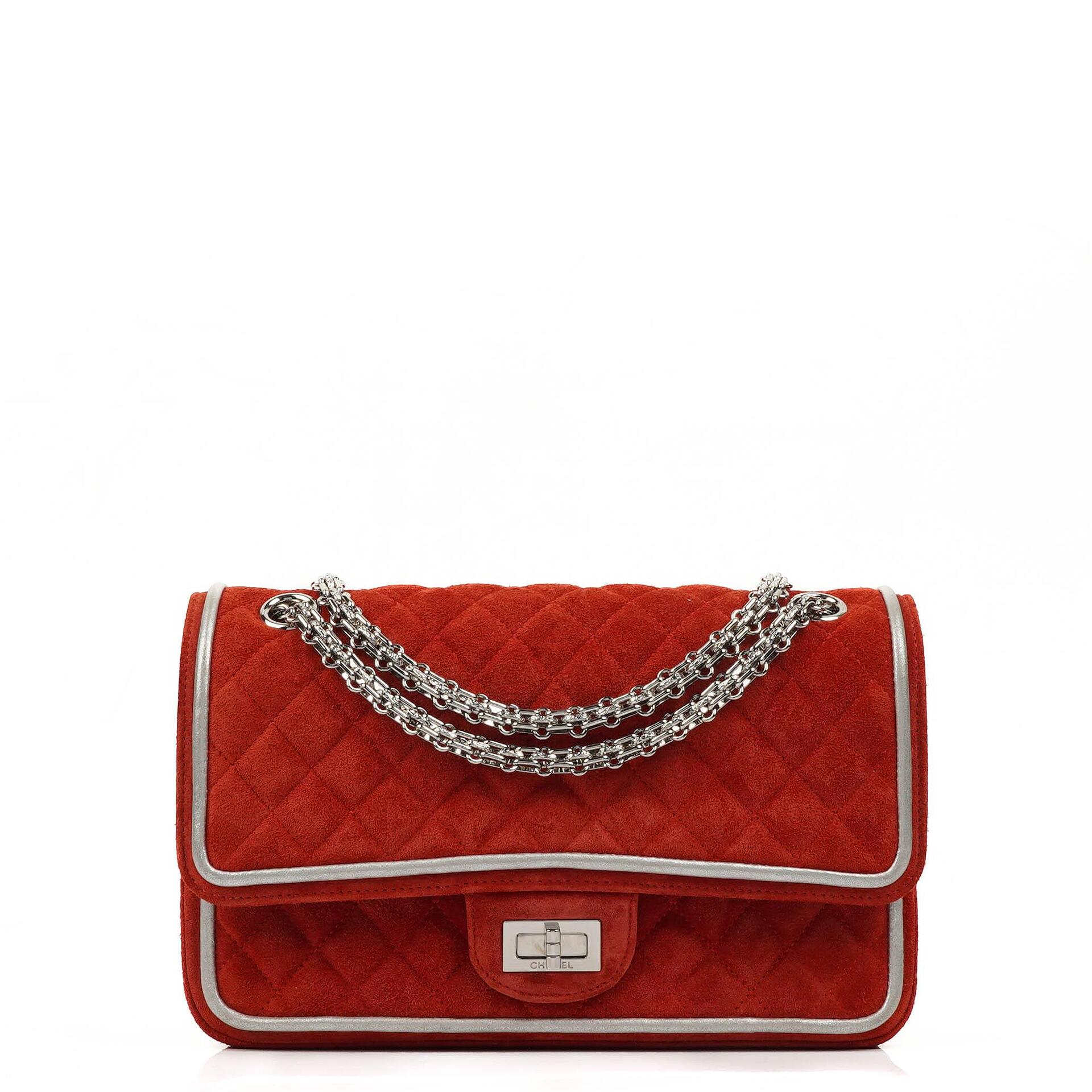 Chanel 2.55 Reissue Medium Double Flap Tasche in rotem Wildleder und silbernem Leder