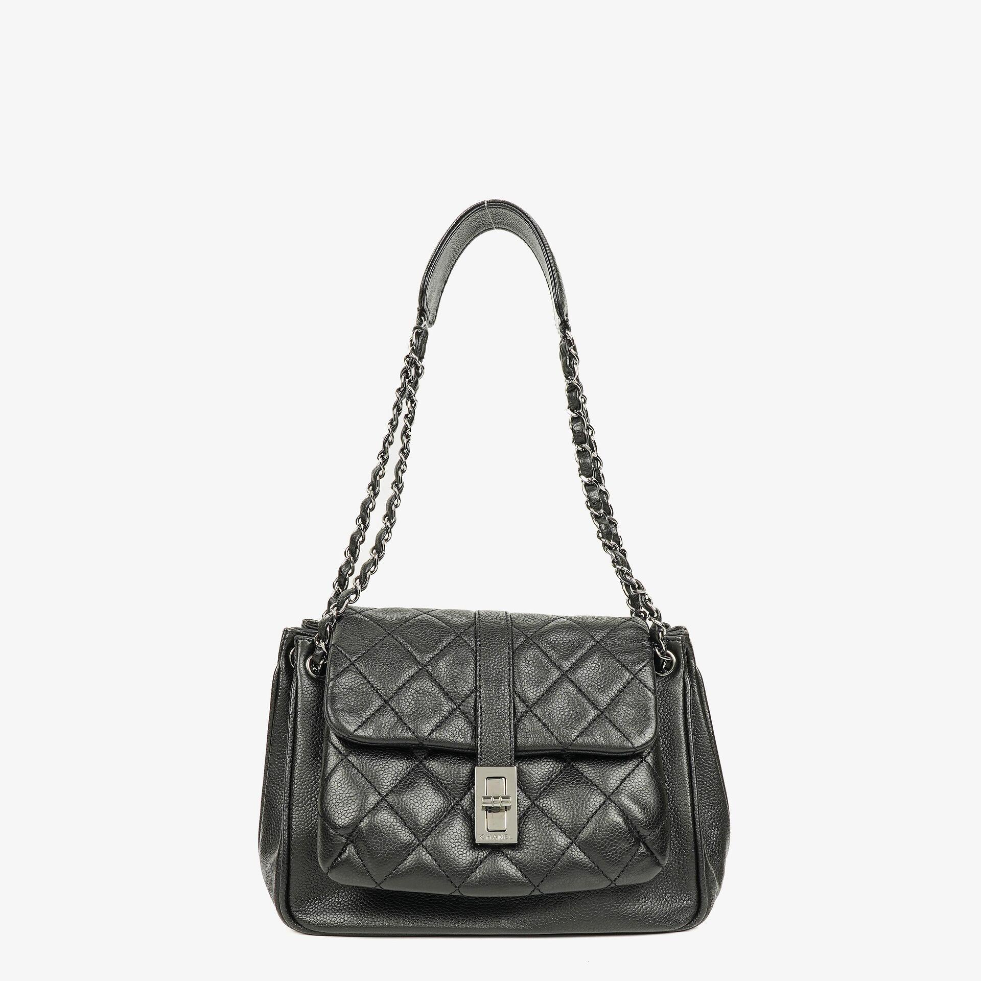 Chanel Accordion Vintage Mademoiselle Lock Flap Bag Black Quilted Caviar Shoulder Bag