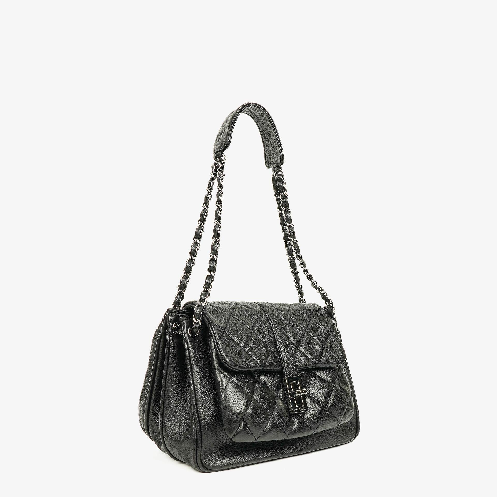 Chanel Accordion Vintage Mademoiselle Lock Flap Bag Black Quilted Caviar Shoulder Bag