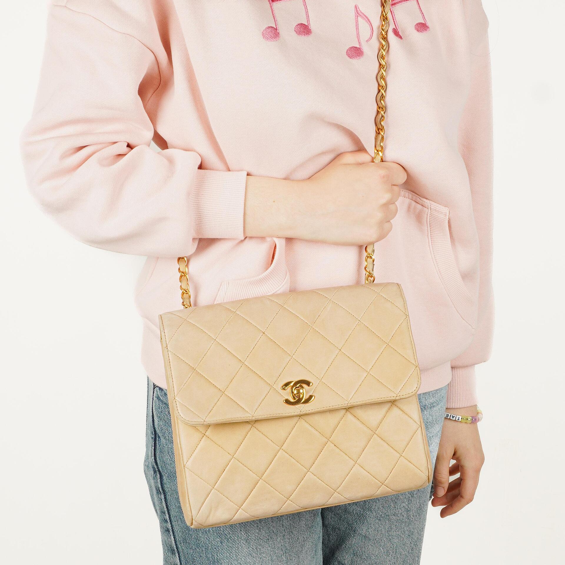 Chanel Beige Quilted Lambskin Small Single Flap Bag With 24K Gold-Plated Hardware