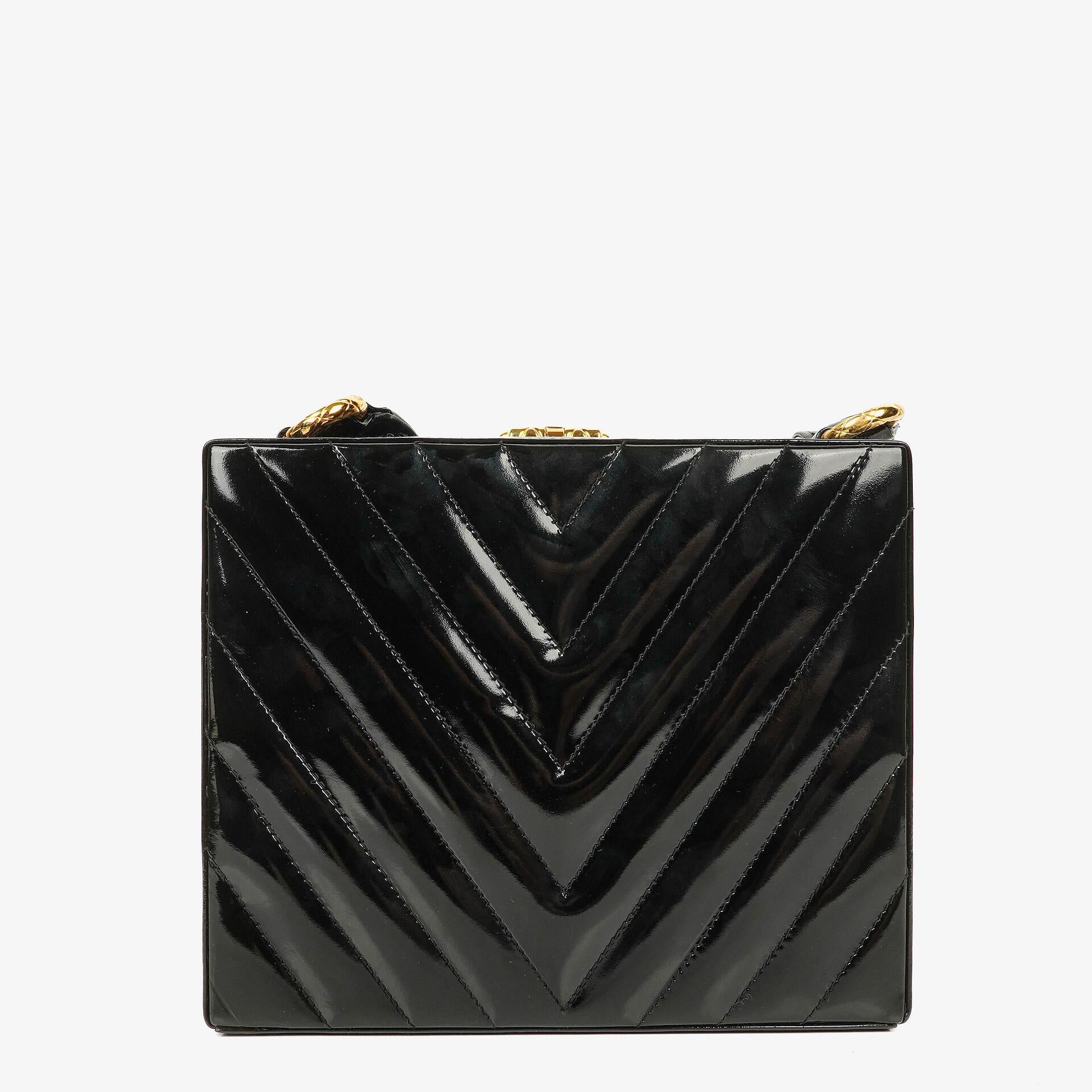 Chanel Black Chevron Quilted Patent Leather Vanity Case Box Bag
