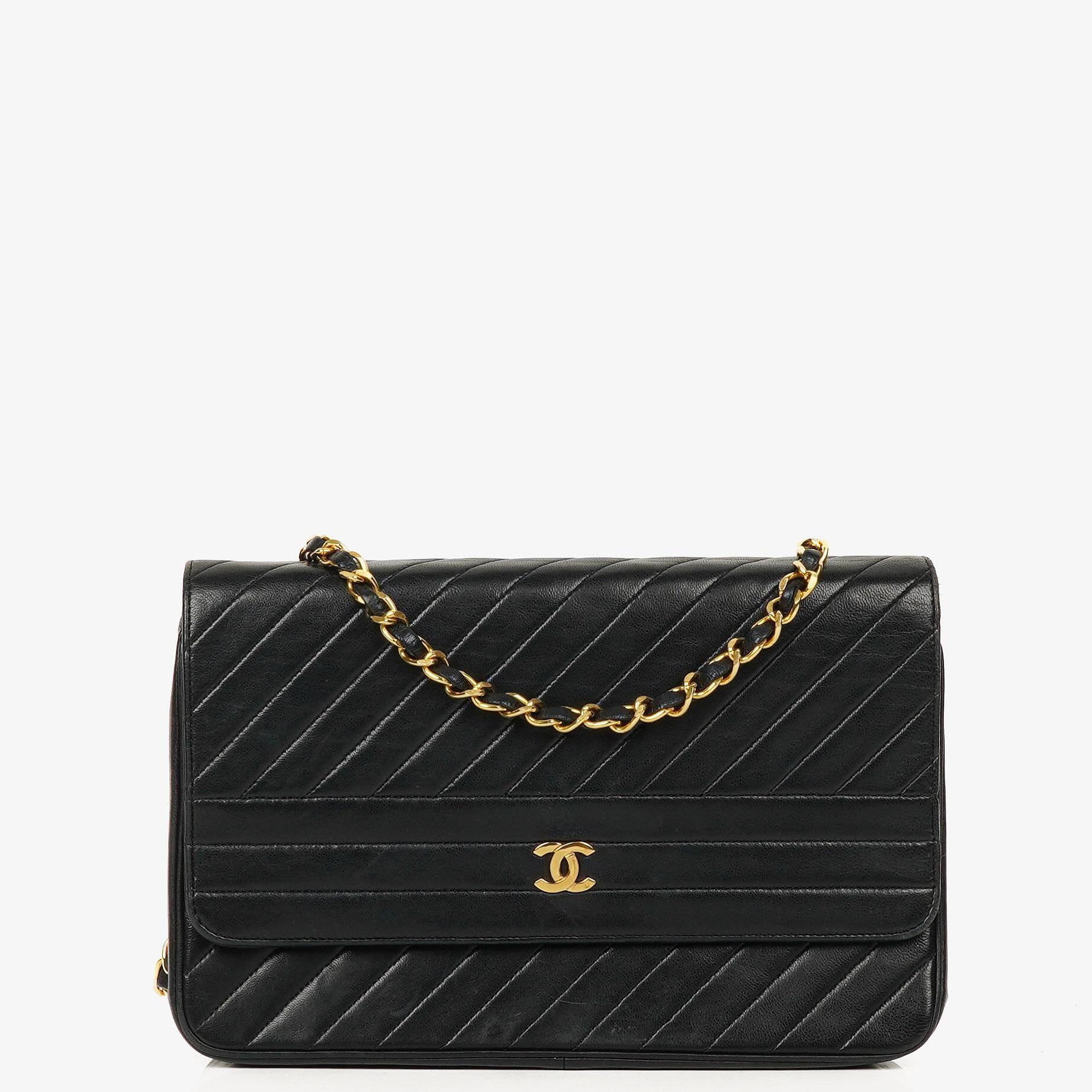 Chanel Black Diagonal Quilted Lambskin Leather Medium Classic Single Flap Bag With 24K Gold-Plated Hardware