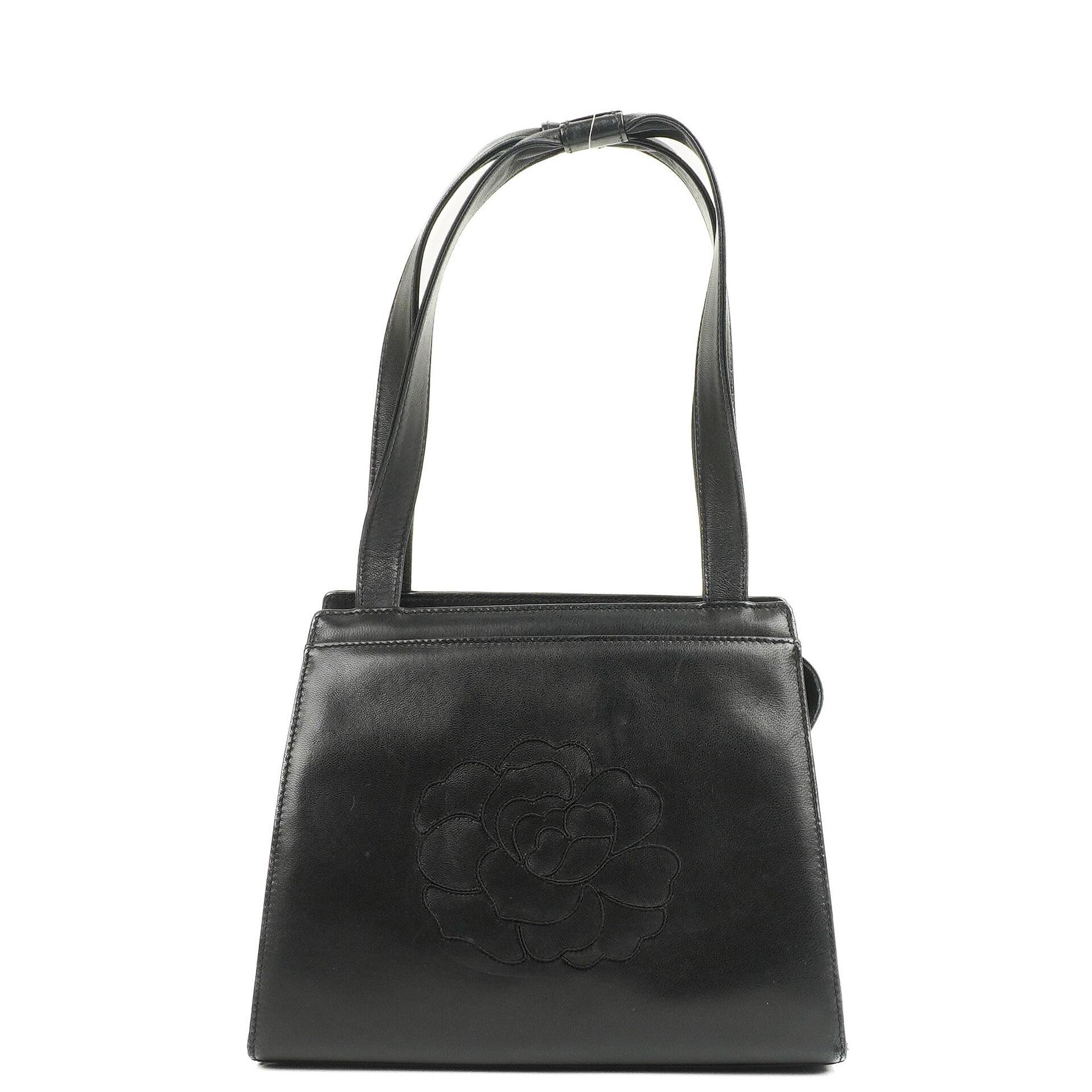 Chanel Black Leather Camellia Top Handle Bag